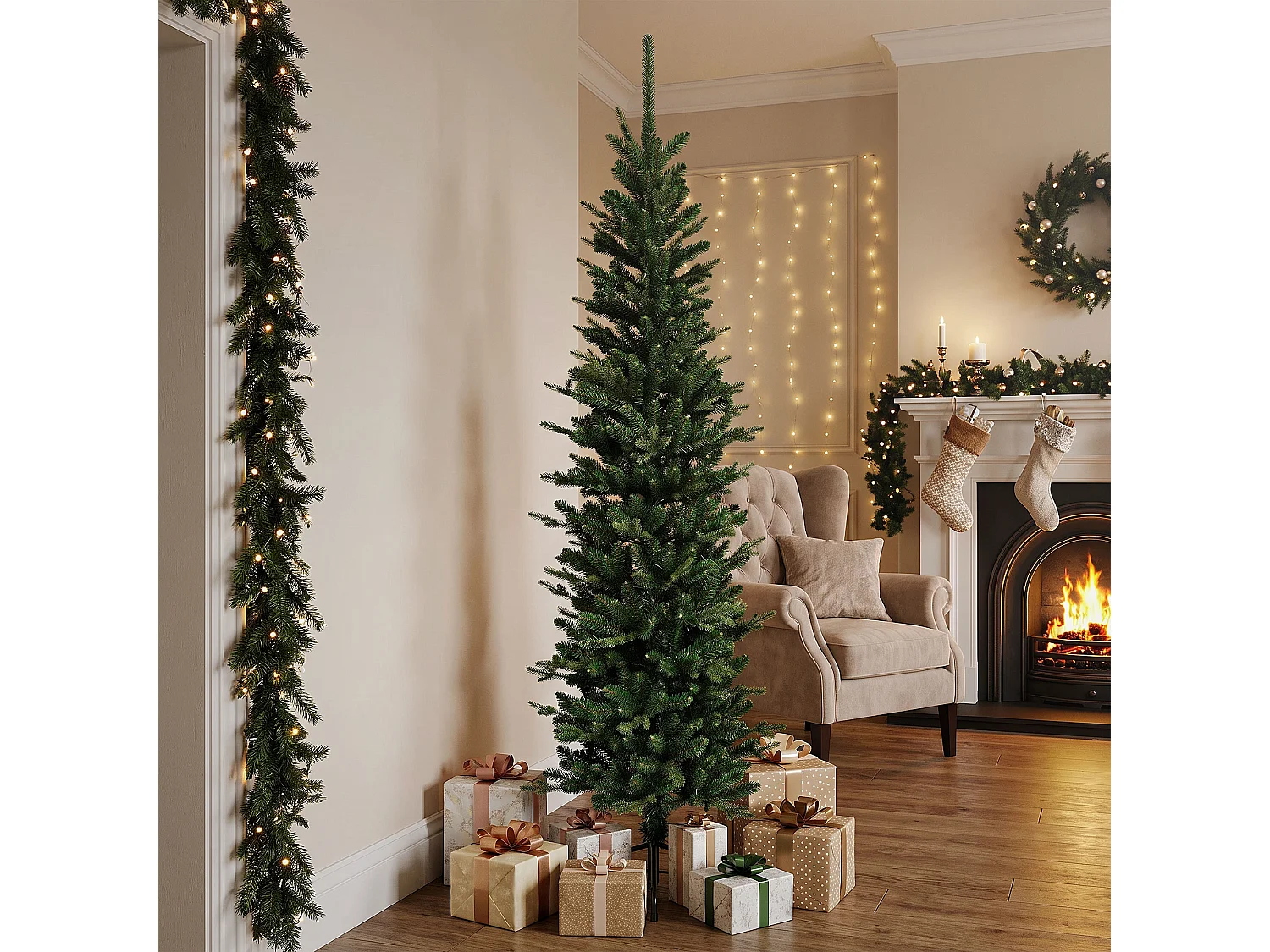 ECD Germany Albero di Natale Slim Artificiale 180 cm Decorazioni Natalizie Albero Natalizio Verde Realistico per Interni con Base Stabile e 933 Rami