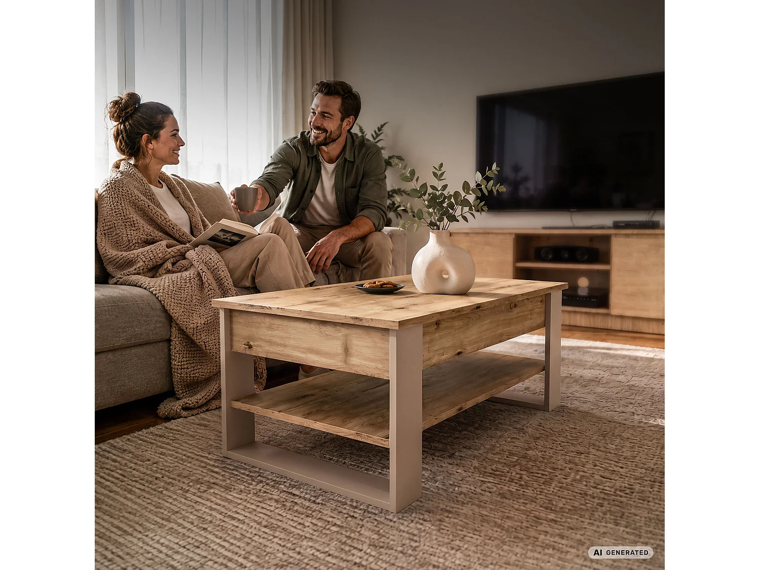Salontafel DENVER / Artisan Eiken / 92 cm / Liftbaar Tafelblad / Opbergvak / Kasjmier Poten / 92 x 52 x 45 cm