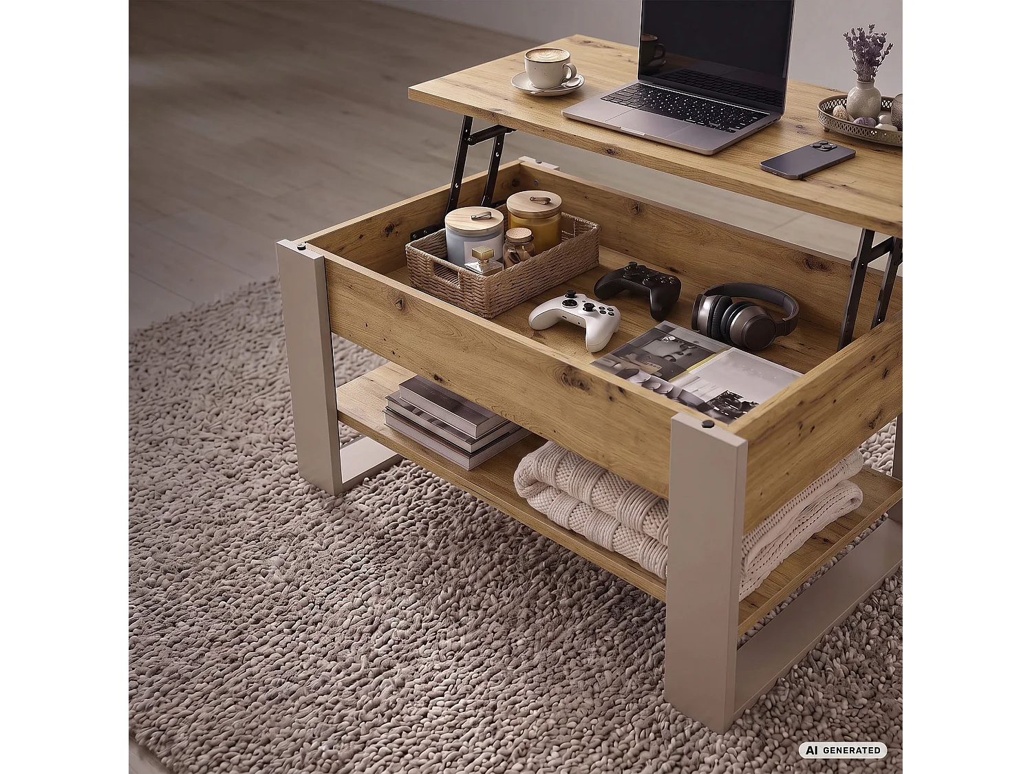 Salontafel DENVER / Artisan Eiken / 92 cm / Liftbaar Tafelblad / Opbergvak / Kasjmier Poten / 92 x 52 x 45 cm