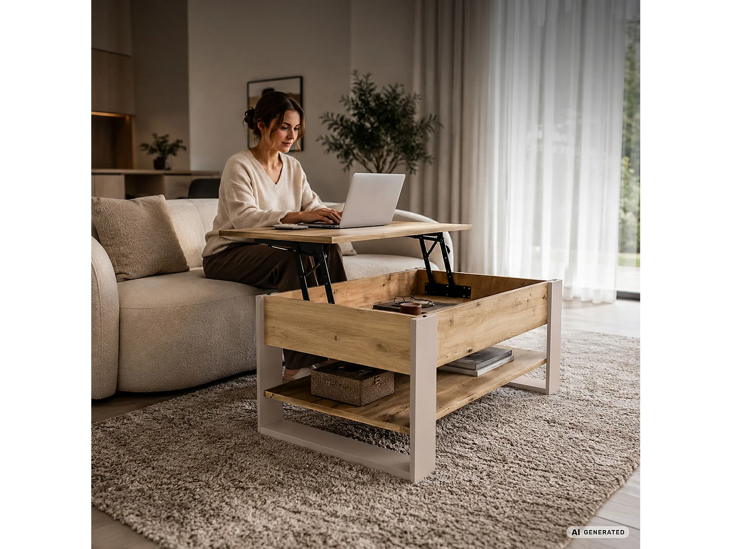 Salontafel DENVER / Artisan Eiken / 92 cm / Liftbaar Tafelblad / Opbergvak / Kasjmier Poten / 92 x 52 x 45 cm