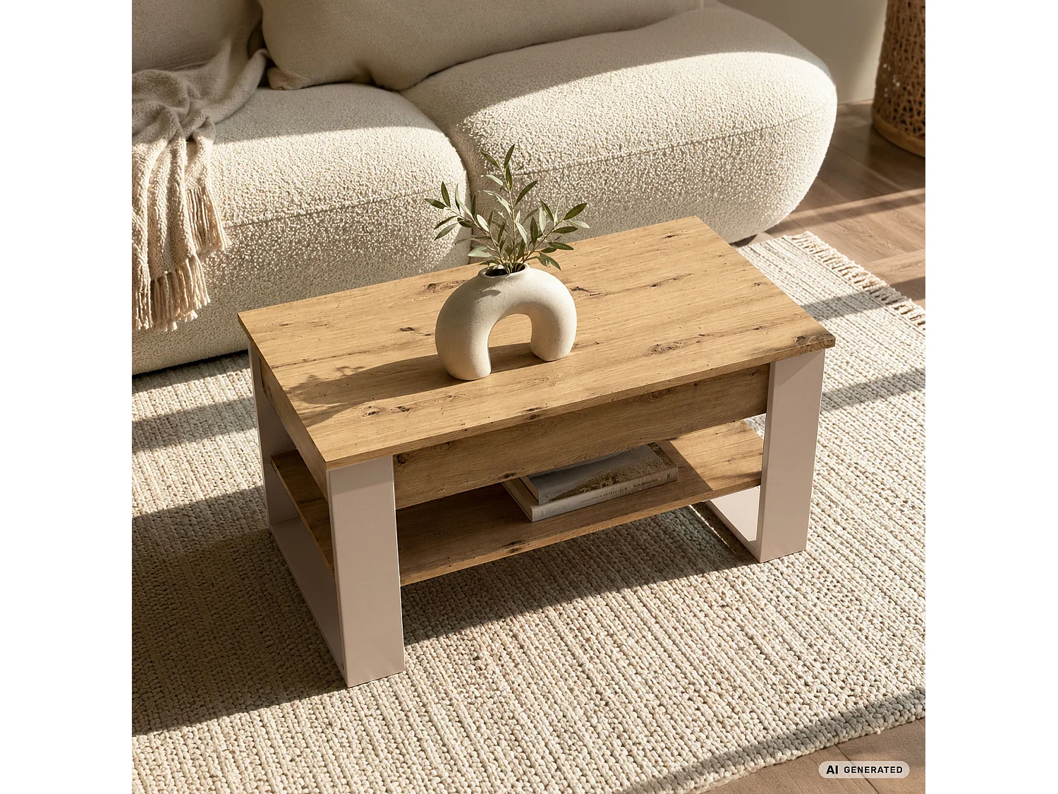 Salontafel DENVER / Artisan Eiken / 92 cm / Liftbaar Tafelblad / Opbergvak / Kasjmier Poten / 92 x 52 x 45 cm