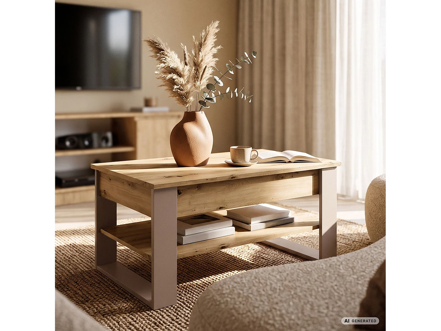 Salontafel DENVER / Artisan Eiken / 92 cm / Liftbaar Tafelblad / Opbergvak / Kasjmier Poten / 92 x 52 x 45 cm