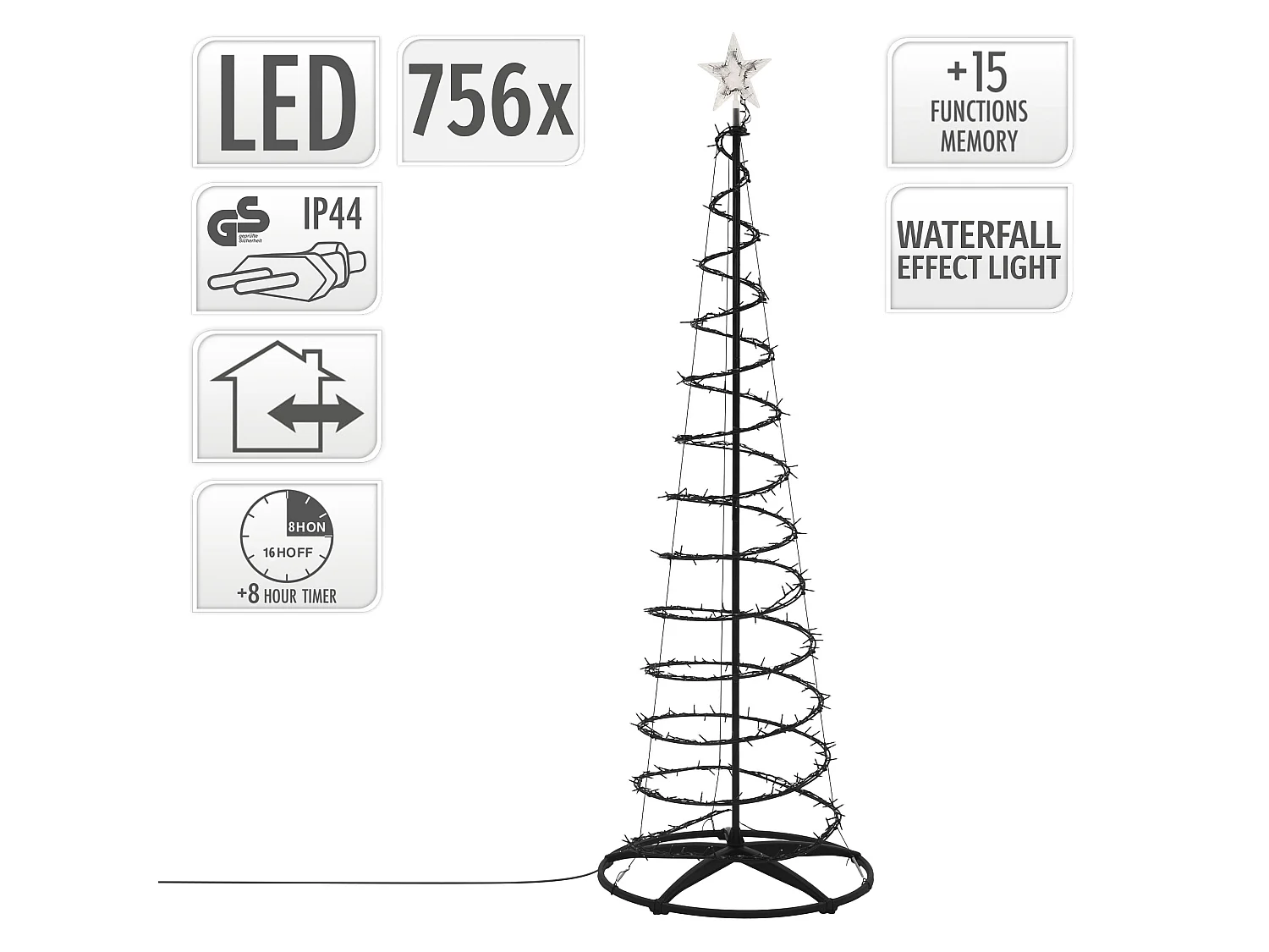 ECD Germany Albero di Natale a Spirale 210 cm con Ghirlanda Luminosa e Stella 756 LED Luce Bianco Caldo Decorazione Natalizia per Esterno ed Interno