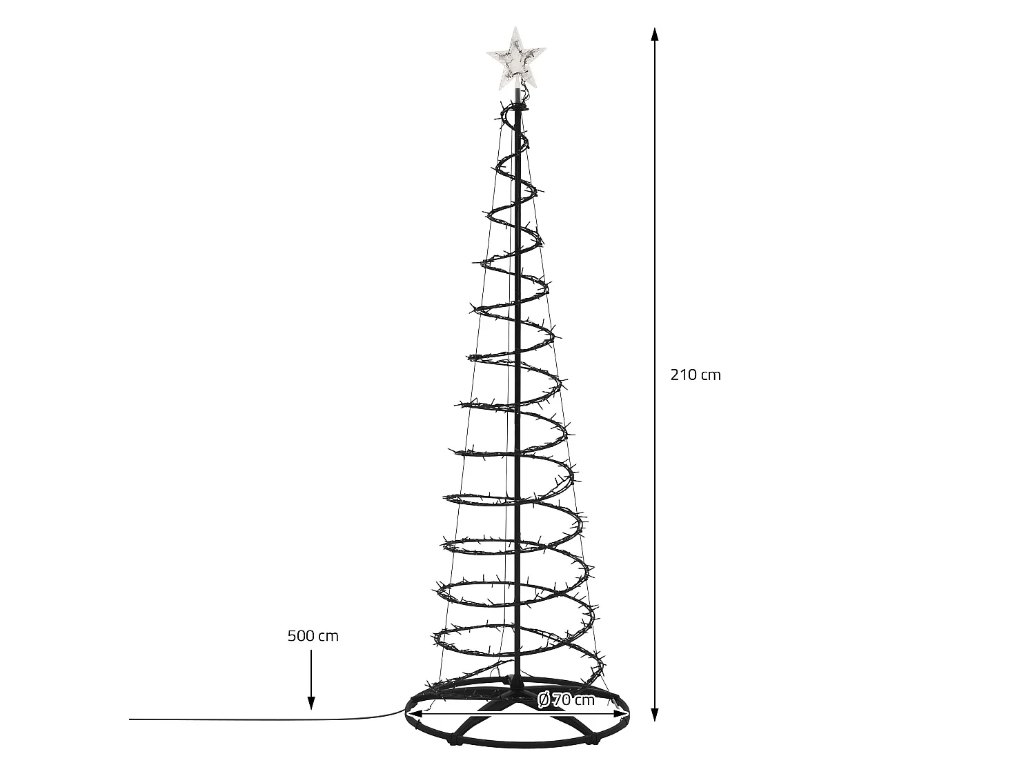 ECD Germany Albero di Natale a Spirale 210 cm con Ghirlanda Luminosa e Stella 756 LED Luce Bianco Caldo Decorazione Natalizia per Esterno ed Interno
