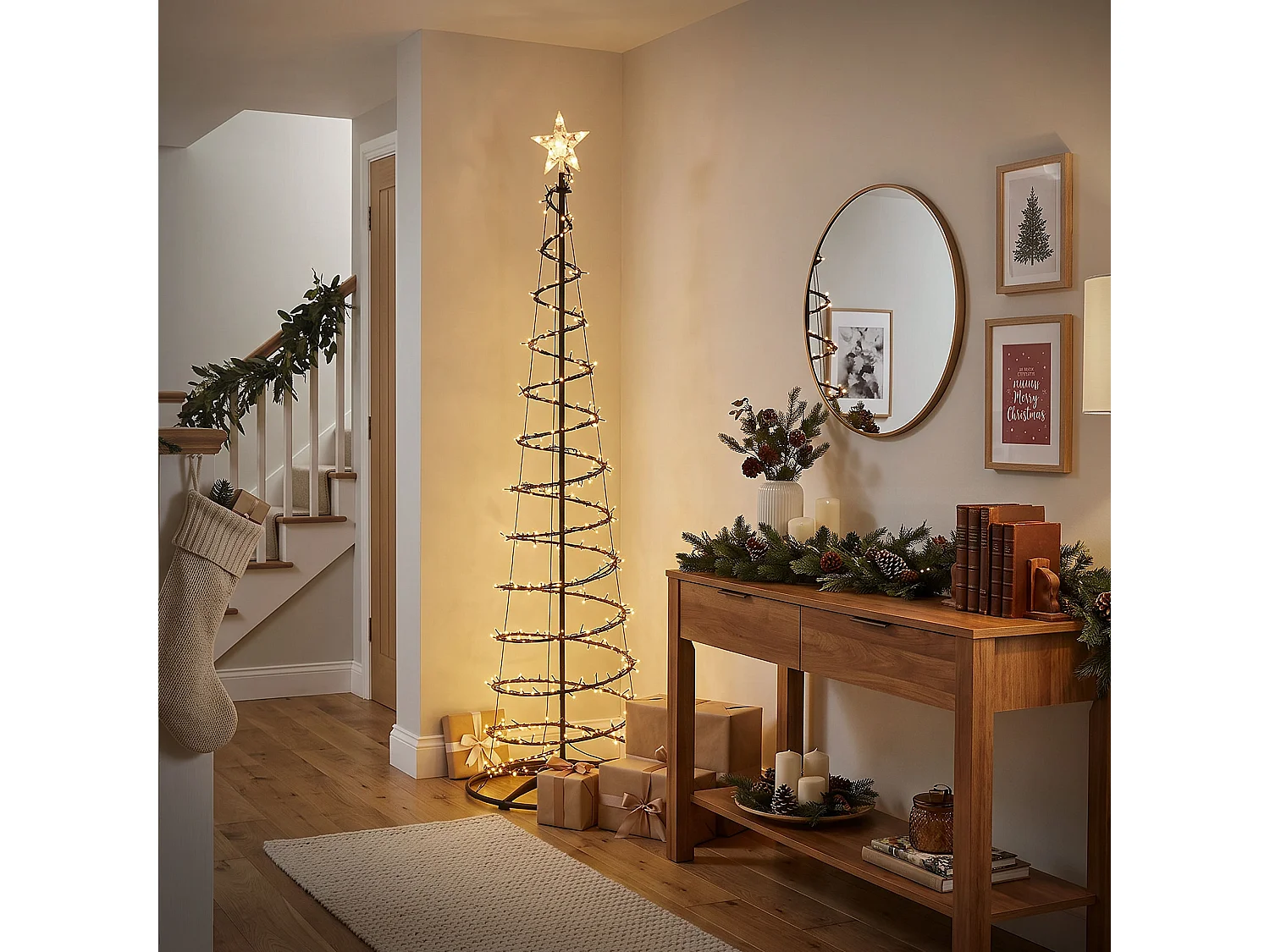 ECD Germany Albero di Natale a Spirale 210 cm con Ghirlanda Luminosa e Stella 756 LED Luce Bianco Caldo Decorazione Natalizia per Esterno ed Interno