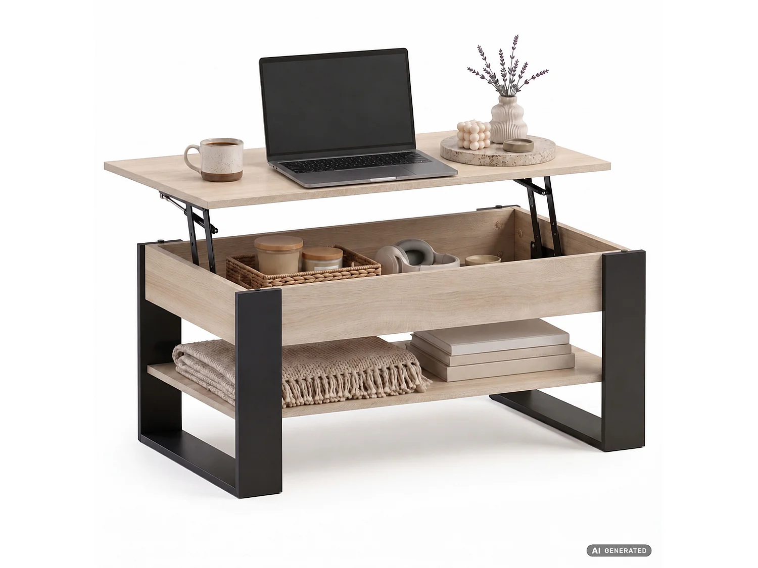 Tavolino da caffè con piano sollevabile DENVER 92 cm rettangolare con ripiano Rovere Sonoma gambe nere