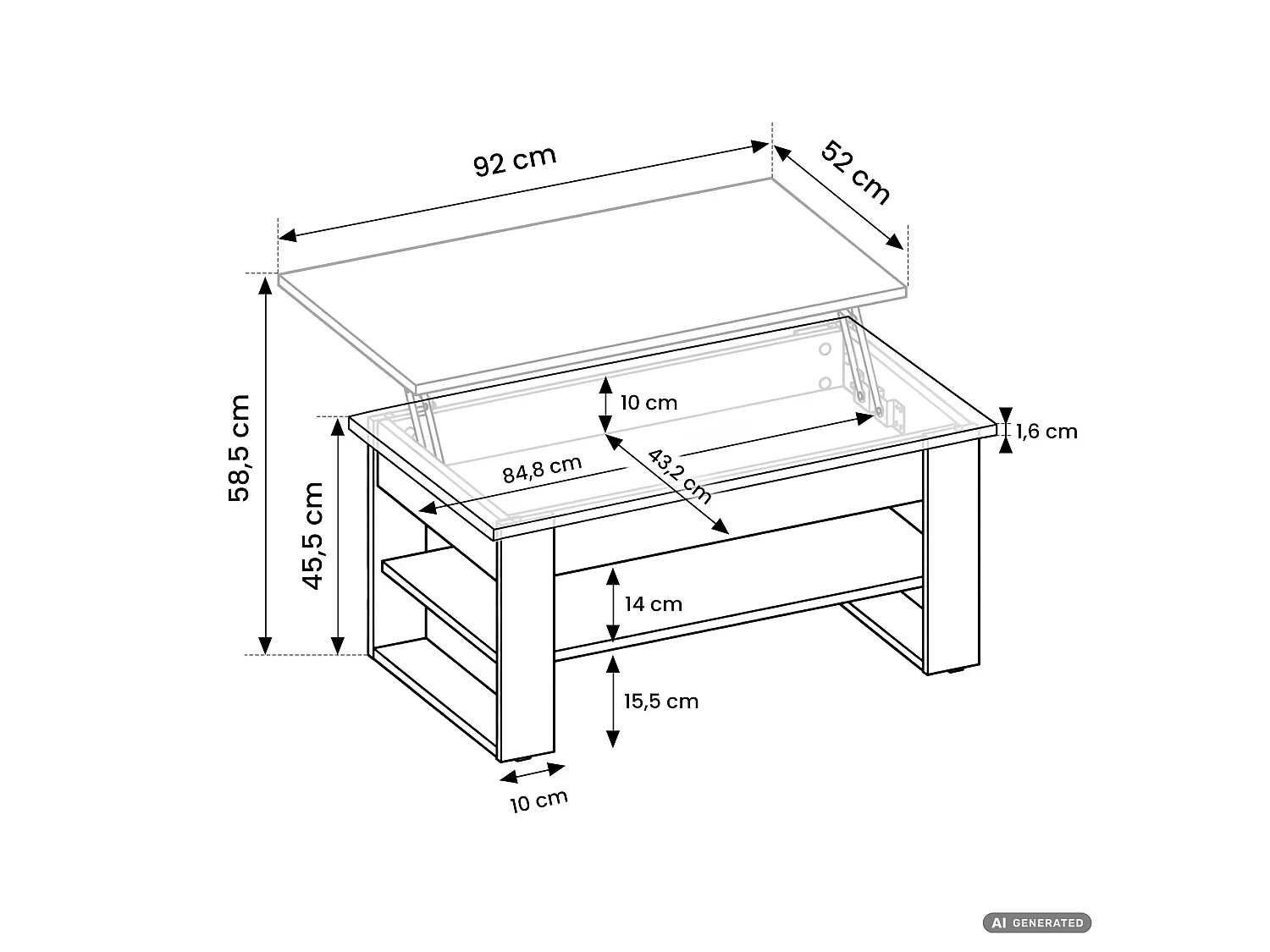 Tavolino da caffè con piano sollevabile DENVER 92 cm rettangolare con ripiano Rovere Sonoma gambe nere