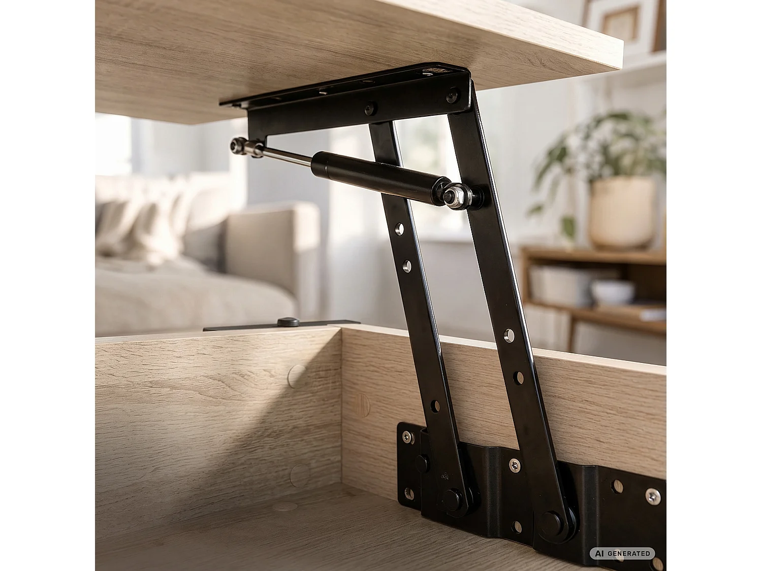 Tavolino da caffè con piano sollevabile DENVER 92 cm rettangolare con ripiano Rovere Sonoma gambe nere