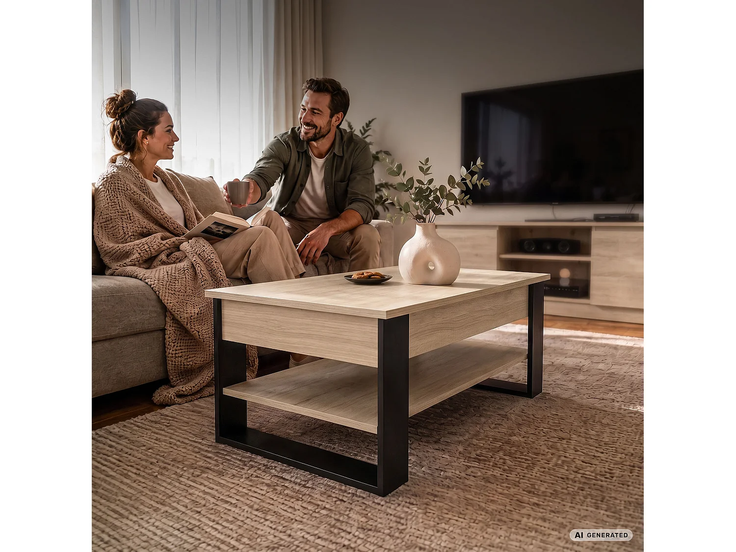Tavolino da caffè con piano sollevabile DENVER 92 cm rettangolare con ripiano Rovere Sonoma gambe nere