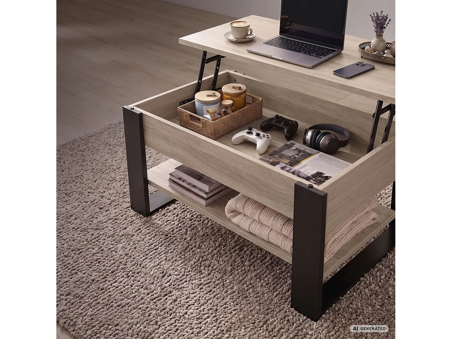 Tavolino da caffè con piano sollevabile DENVER 92 cm rettangolare con ripiano Rovere Sonoma gambe nere