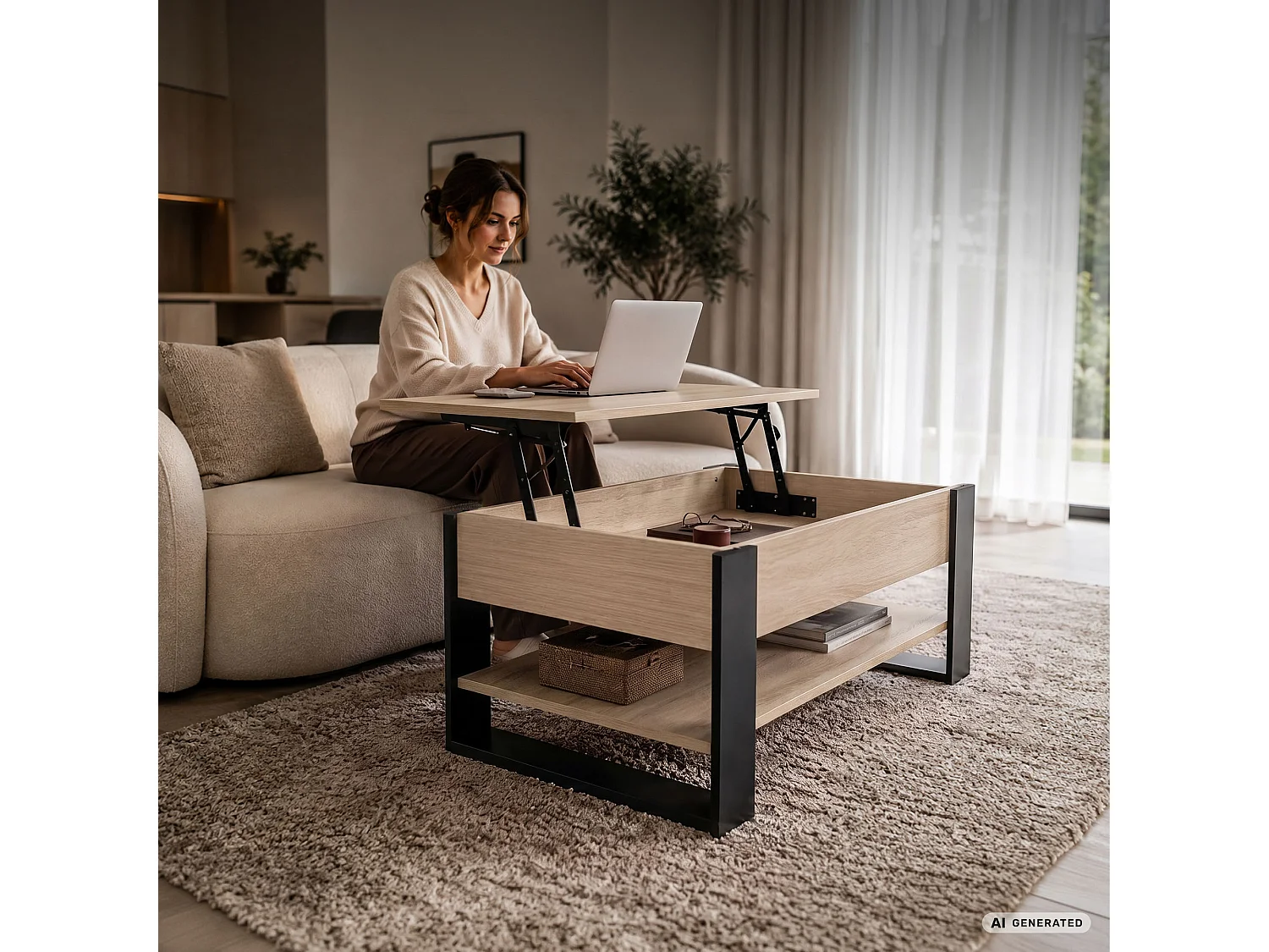 Tavolino da caffè con piano sollevabile DENVER 92 cm rettangolare con ripiano Rovere Sonoma gambe nere