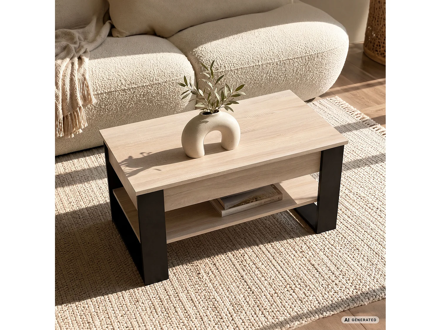 Tavolino da caffè con piano sollevabile DENVER 92 cm rettangolare con ripiano Rovere Sonoma gambe nere