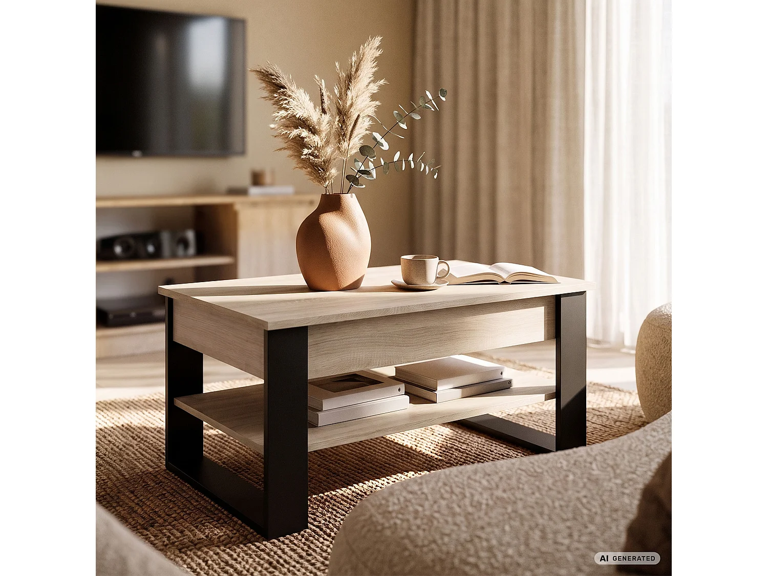 Tavolino da caffè con piano sollevabile DENVER 92 cm rettangolare con ripiano Rovere Sonoma gambe nere