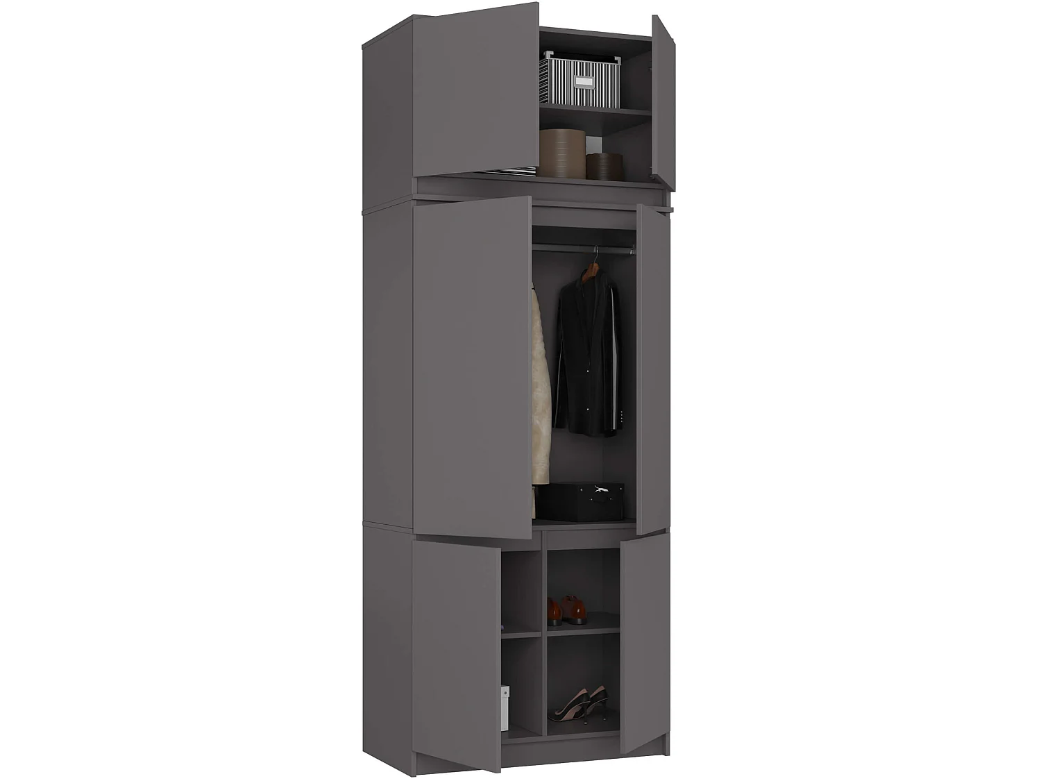 Kledingkast S90 met Opzetkast / Grafietgrijs / 90 cm / 6 Deuren / 90 x 51 x 235 cm