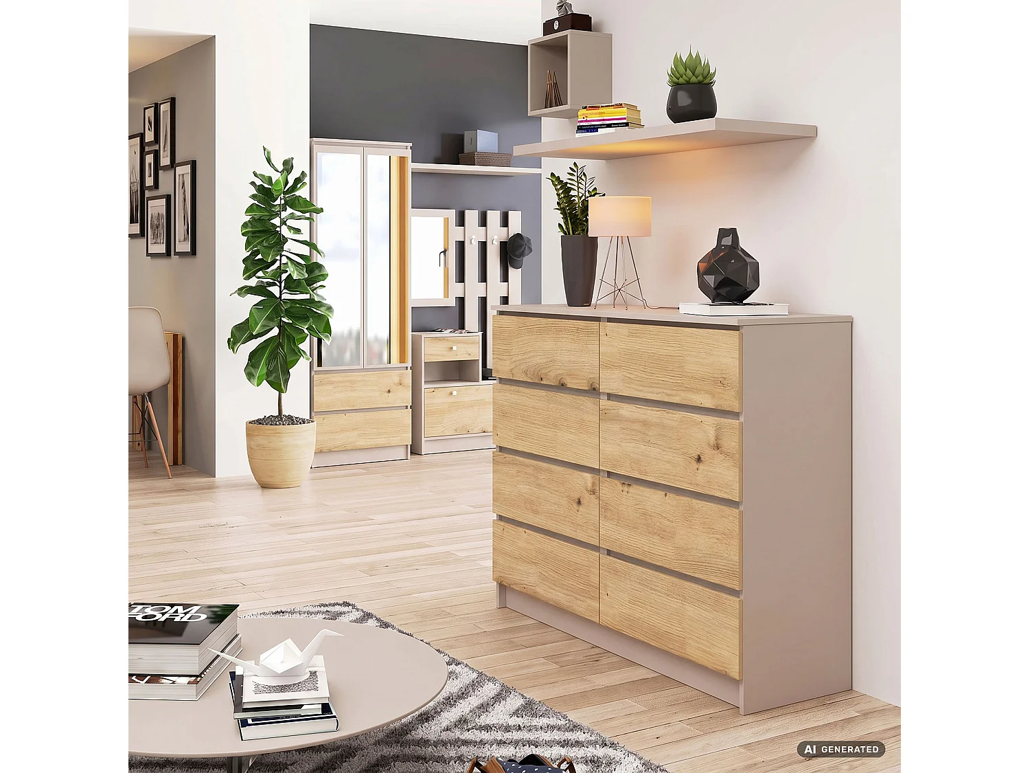 Commode K120 Cachemire 120 cm 8 tiroirs couleur Chêne Artisan mat 120x40x99 cm
