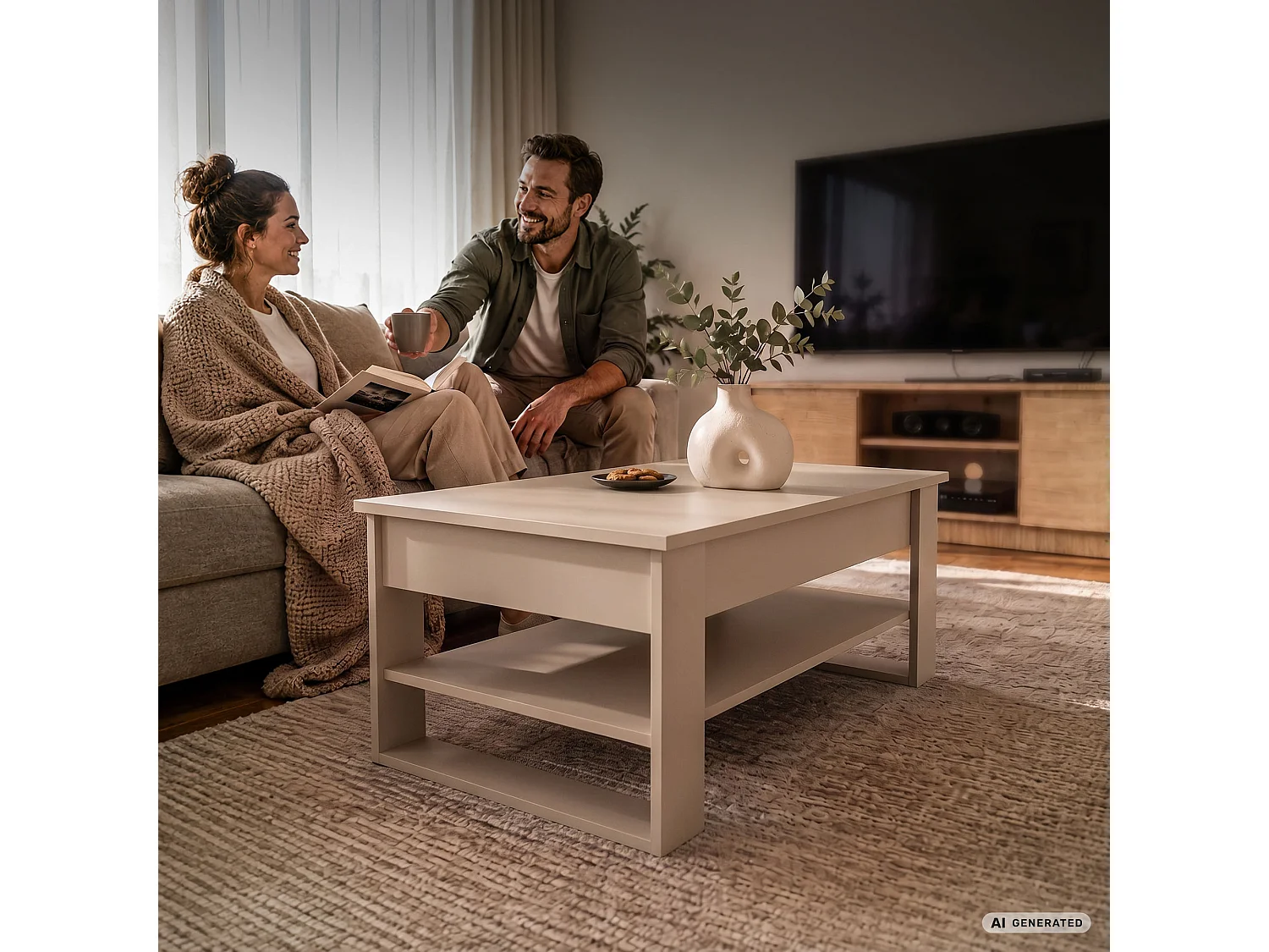 Mesa de centro elevatória DENVER 92 cm retangular com prateleira cor caxemira e pernas cor caxemira