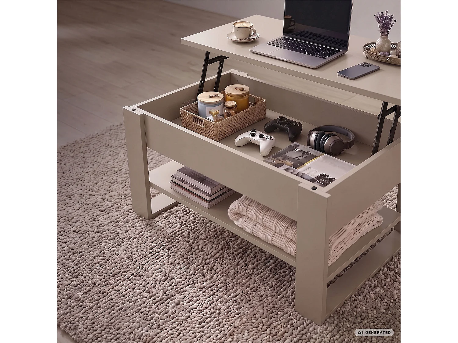 Mesa de centro elevatória DENVER 92 cm retangular com prateleira cor caxemira e pernas cor caxemira