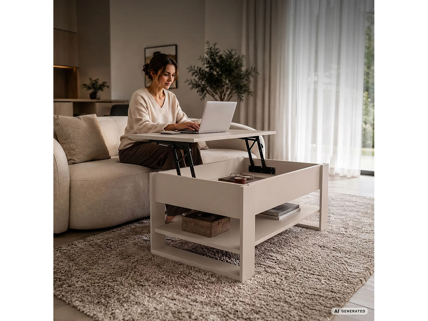 Mesa de centro elevatória DENVER 92 cm retangular com prateleira cor caxemira e pernas cor caxemira