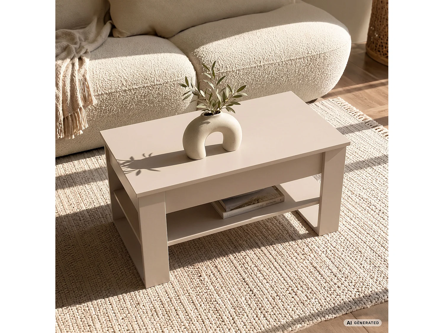 Mesa de centro elevatória DENVER 92 cm retangular com prateleira cor caxemira e pernas cor caxemira