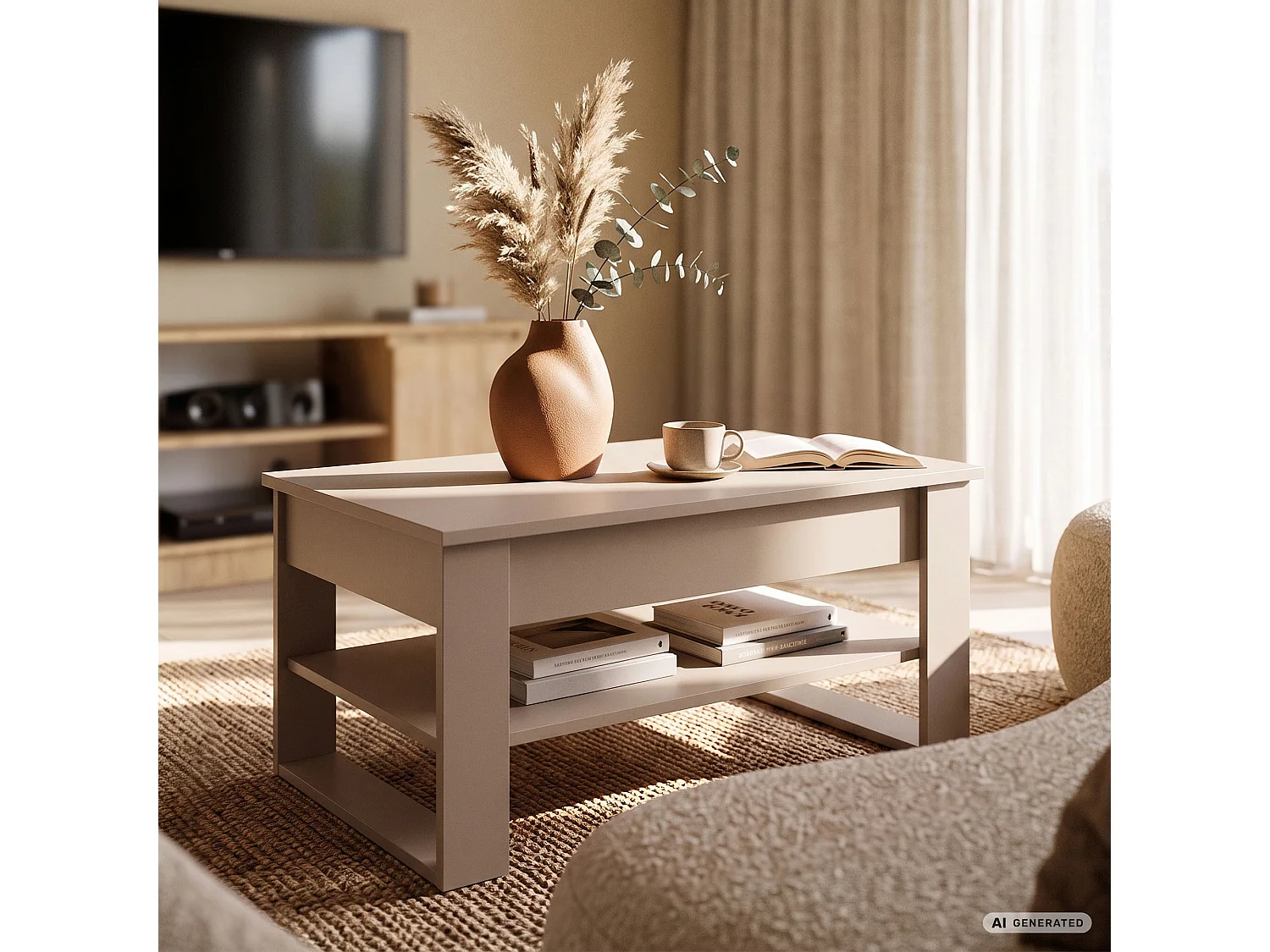 Mesa de centro elevatória DENVER 92 cm retangular com prateleira cor caxemira e pernas cor caxemira