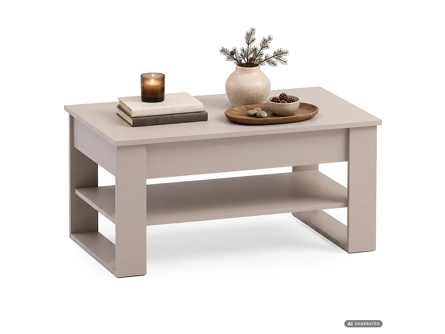 Mesa de centro elevatória DENVER 92 cm retangular com prateleira cor caxemira e pernas cor caxemira