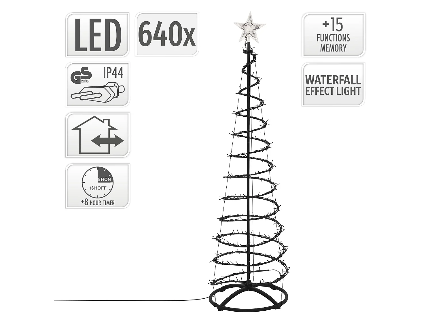 ECD Germany Albero di Natale a Spirale 180 cm con Ghirlanda Luminosa e Stella 640 LED Luce Bianco Caldo Decorazione Natalizia per Esterno ed Interno