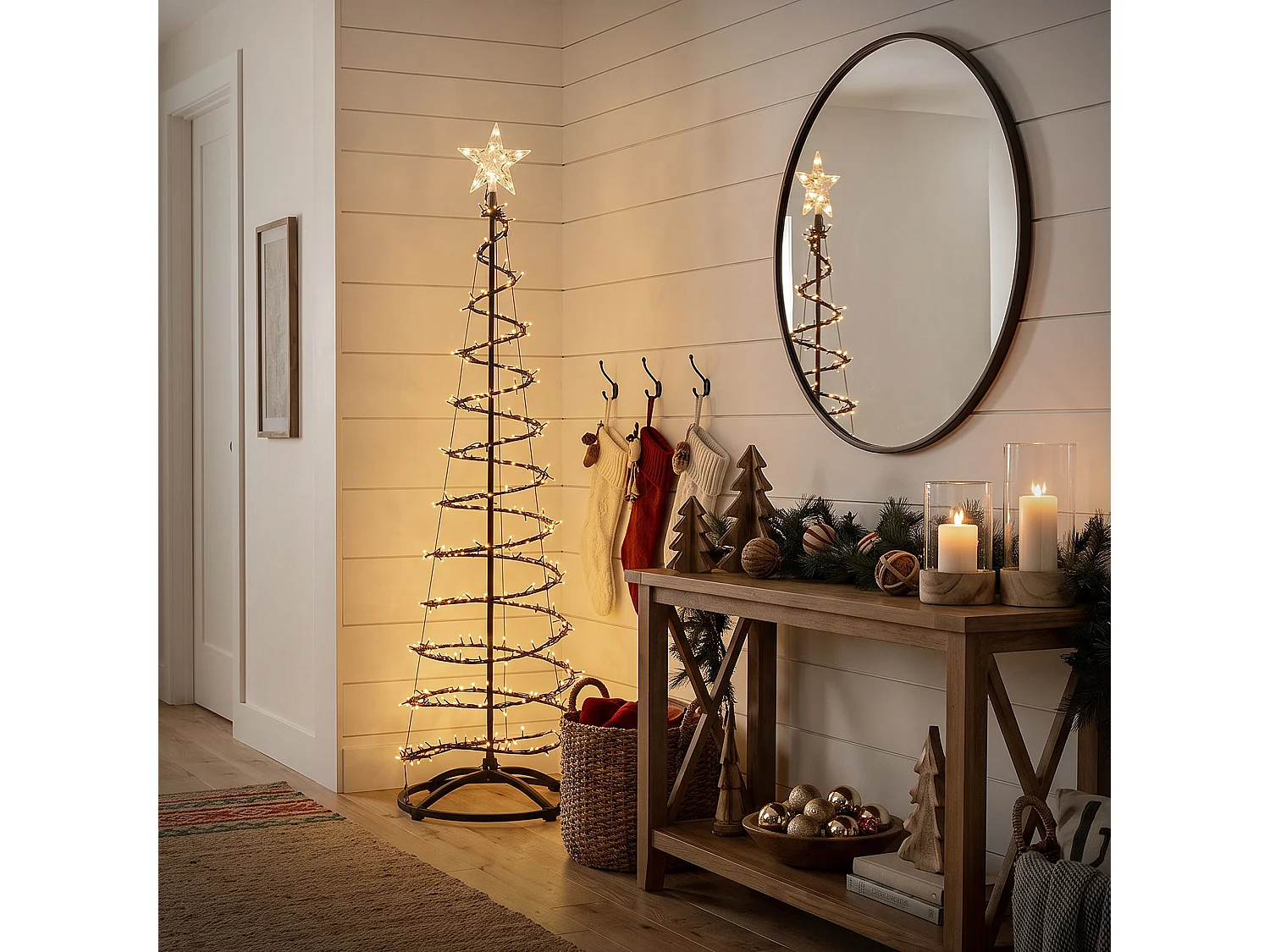 ECD Germany Albero di Natale a Spirale 180 cm con Ghirlanda Luminosa e Stella 640 LED Luce Bianco Caldo Decorazione Natalizia per Esterno ed Interno
