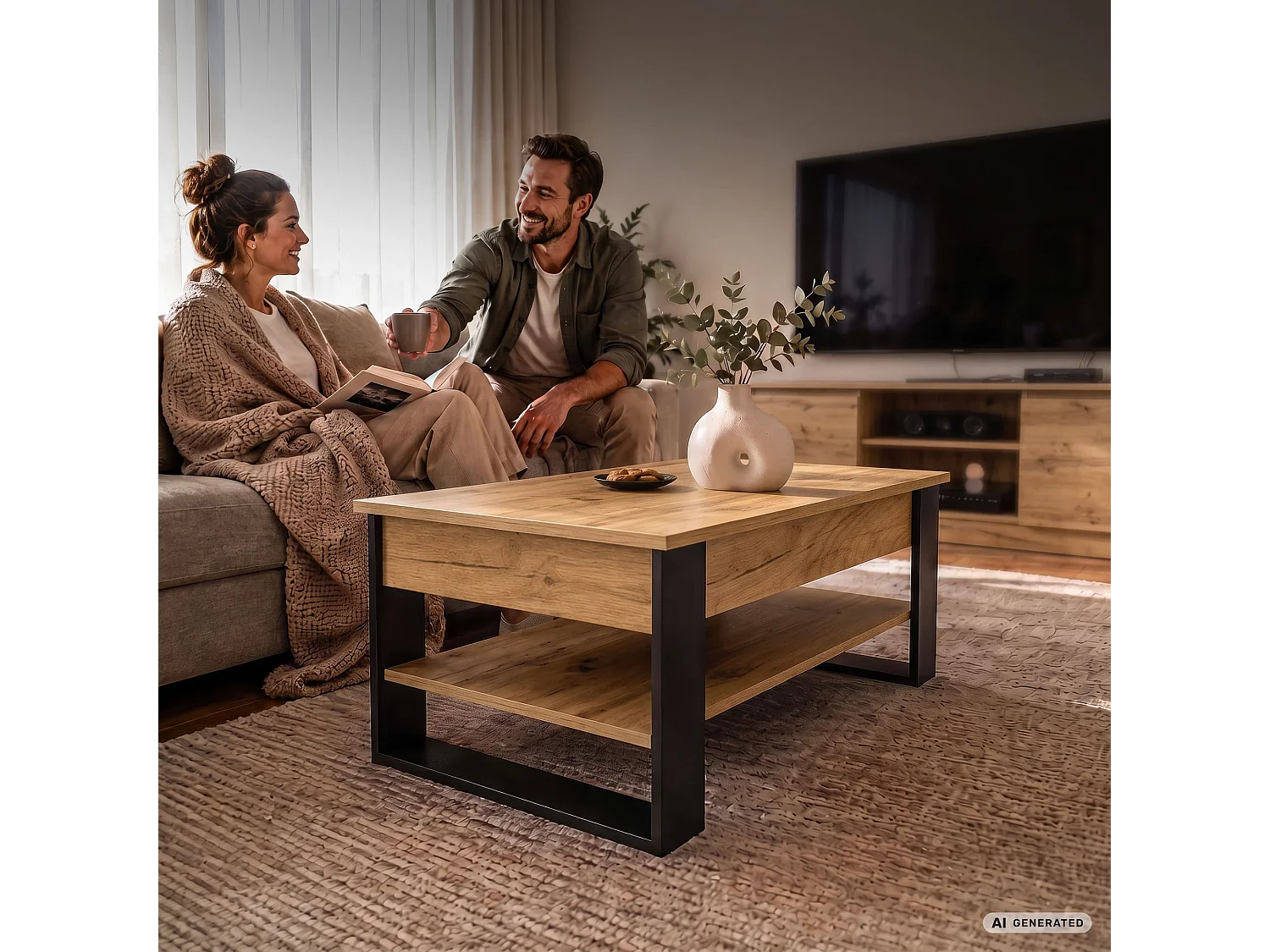 Tavolino da caffè con piano sollevabile DENVER 92 cm rettangolare con ripiano Rovere Craft gambe nere