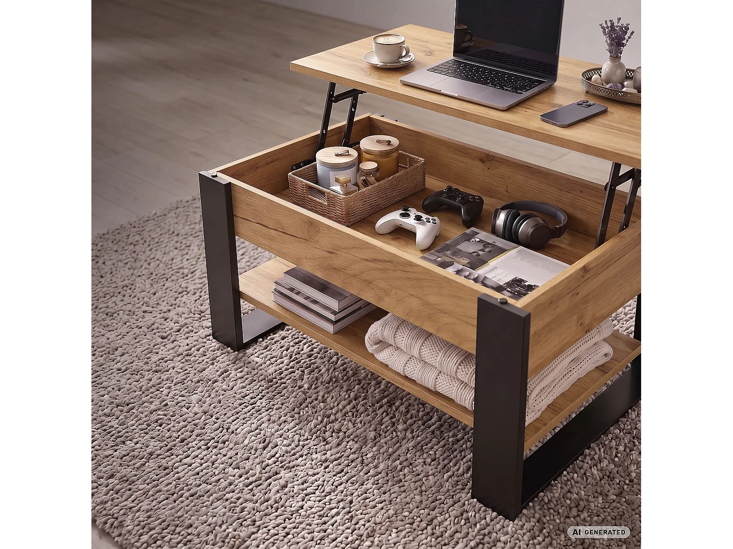 Tavolino da caffè con piano sollevabile DENVER 92 cm rettangolare con ripiano Rovere Craft gambe nere