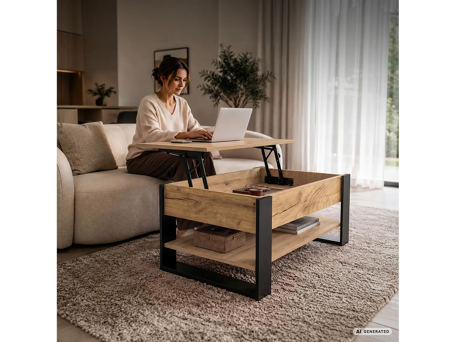 Tavolino da caffè con piano sollevabile DENVER 92 cm rettangolare con ripiano Rovere Craft gambe nere