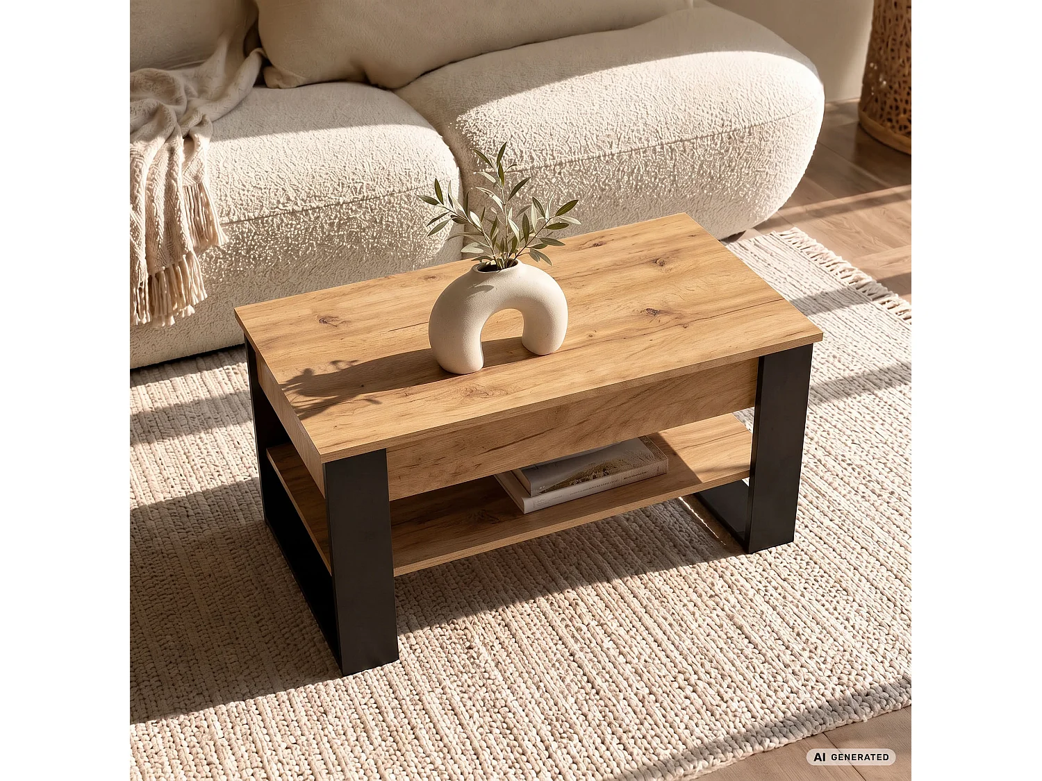 Tavolino da caffè con piano sollevabile DENVER 92 cm rettangolare con ripiano Rovere Craft gambe nere