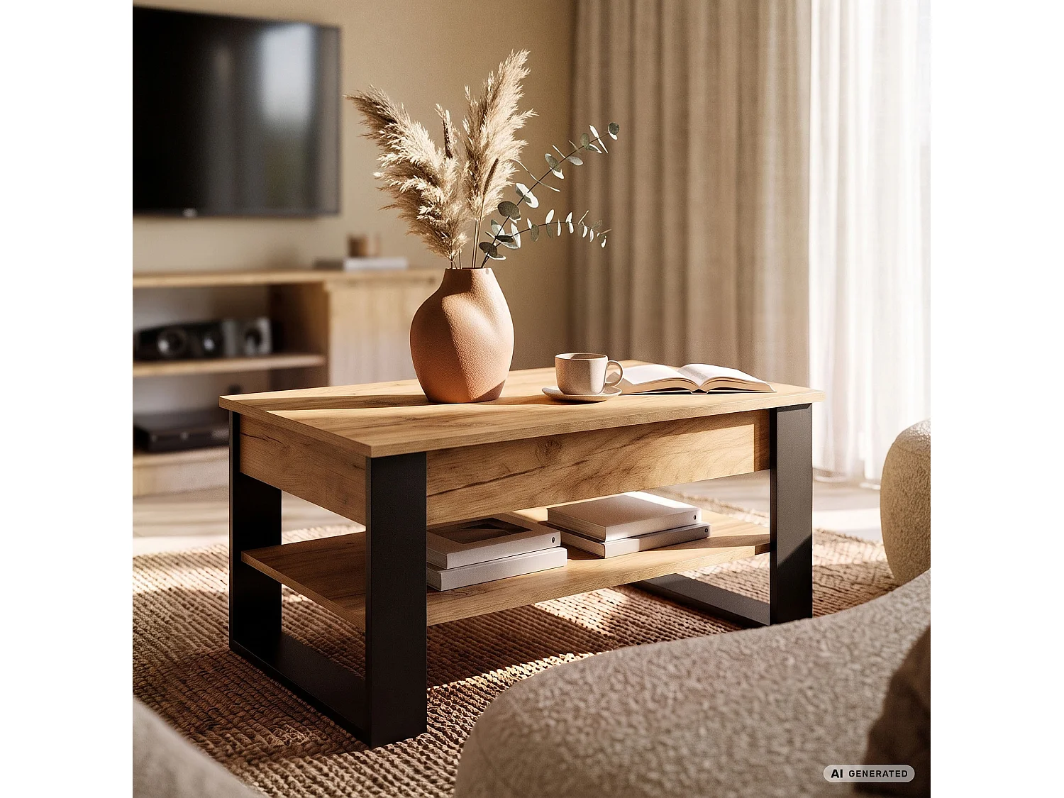 Tavolino da caffè con piano sollevabile DENVER 92 cm rettangolare con ripiano Rovere Craft gambe nere