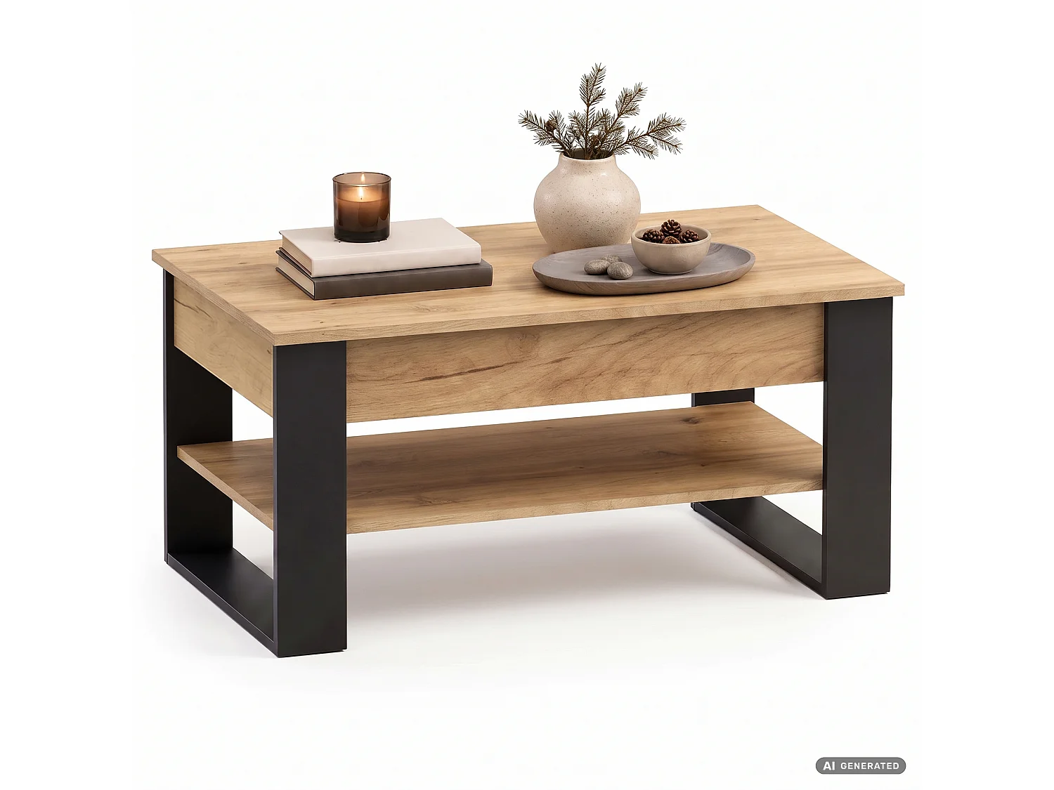 Tavolino da caffè con piano sollevabile DENVER 92 cm rettangolare con ripiano Rovere Craft gambe nere
