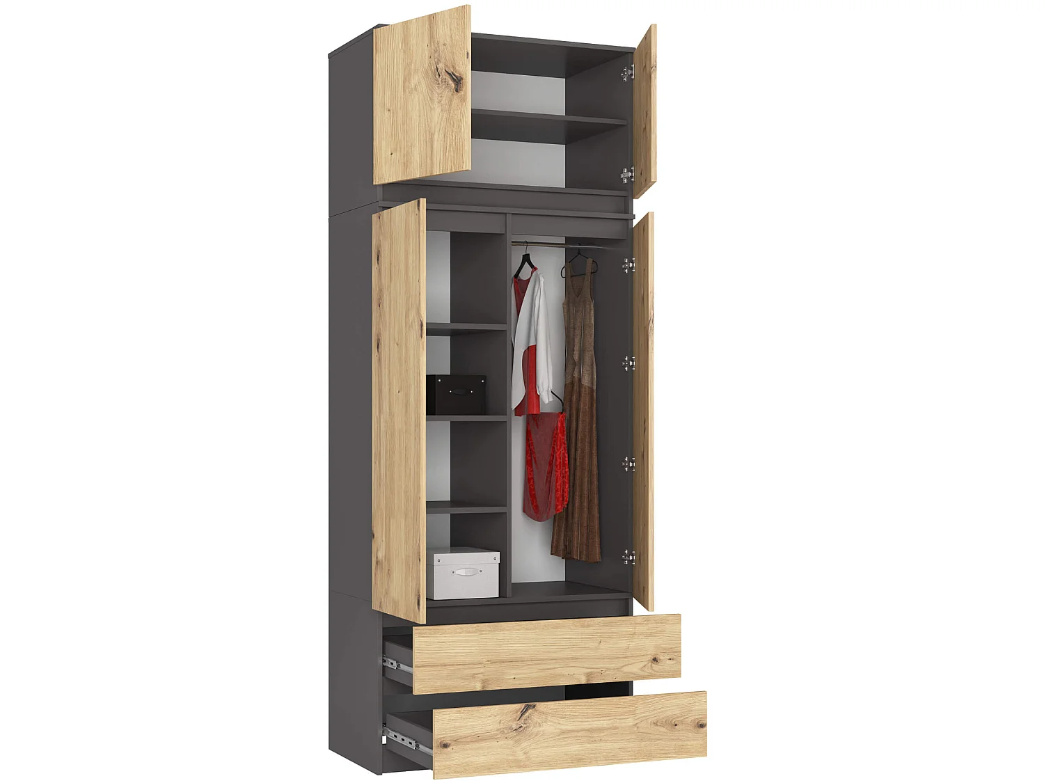 Kledingkast S90 met Opzetkast / Grafietgrijs / Front Artisan Eiken / 90 cm / 2 Deuren / 2 Laden / 90 x 51 x 234 cm