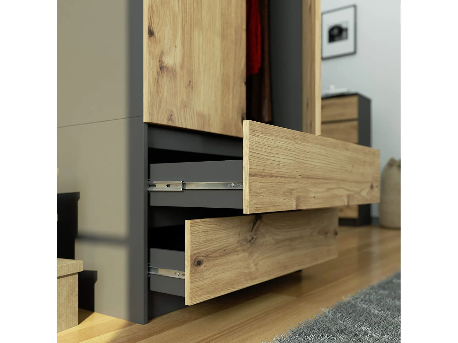 Kledingkast S90 met Opzetkast / Grafietgrijs / Front Artisan Eiken / 90 cm / 2 Deuren / 2 Laden / 90 x 51 x 234 cm