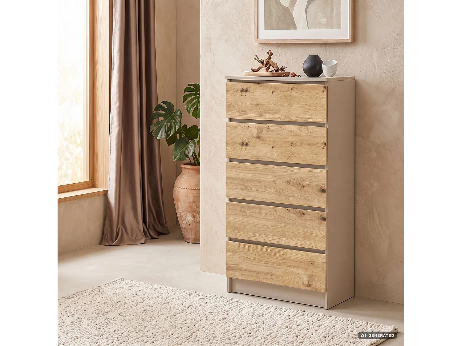 Commode K60 Cachemire 60 cm 5 tiroirs couleur Chêne Artisan mat 60x40x121 cm