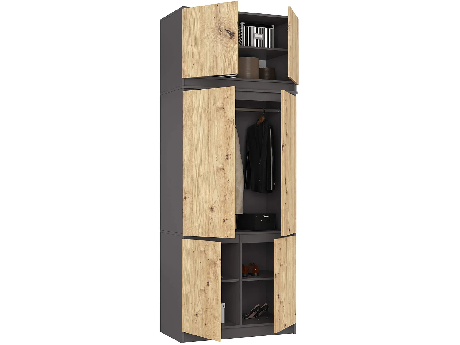 Kledingkast S90 met Opzetkast / Grafietgrijs / Front Artisan Eiken / 90 cm / 6 Deuren / 90 x 51 x 235 cm