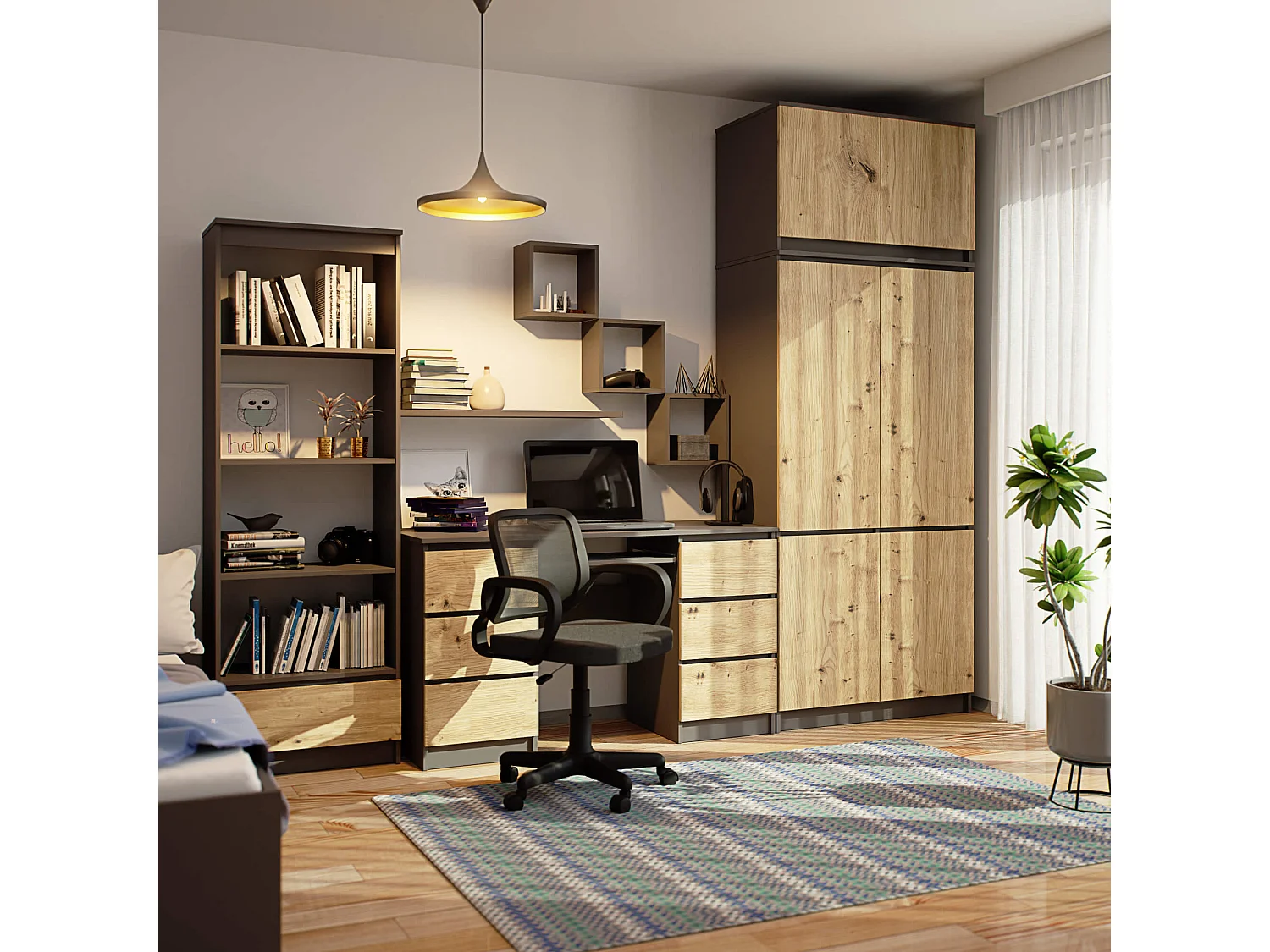 Kledingkast S90 met Opzetkast / Grafietgrijs / Front Artisan Eiken / 90 cm / 6 Deuren / 90 x 51 x 235 cm