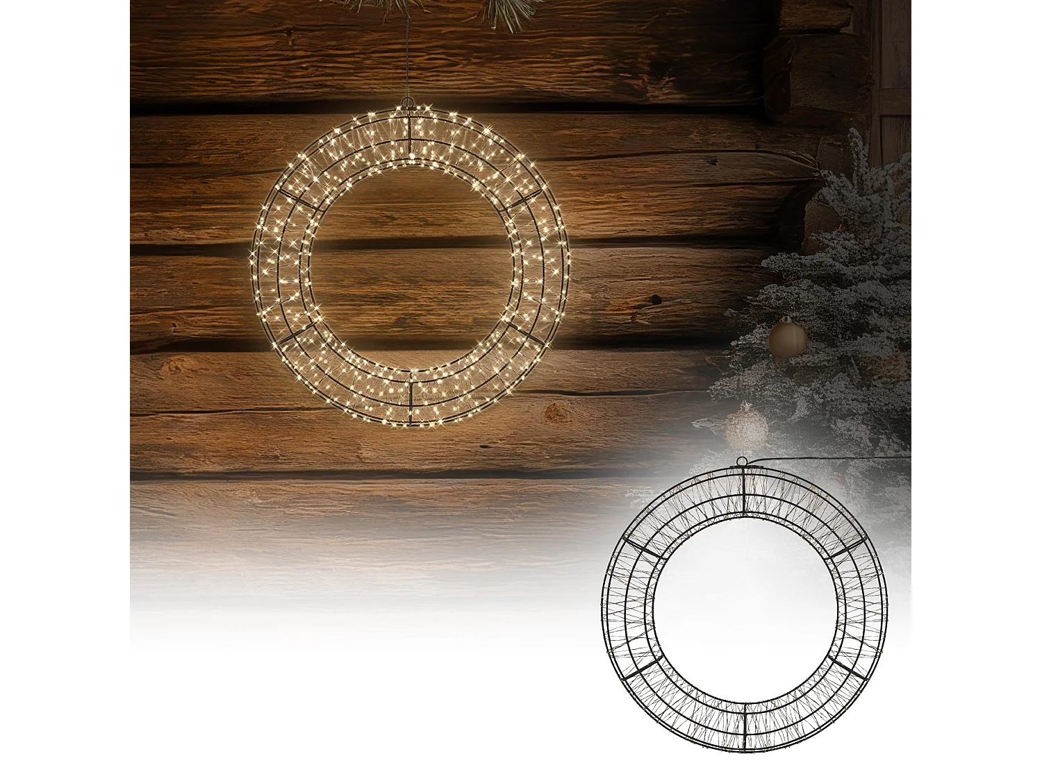 Couronne lumineuse de Noël LED Ø 38 cm décoration suspendue, anneau lumineux en métal, 480 LED blanc chaud, minuterie, íntérieur et extérieur, IP44