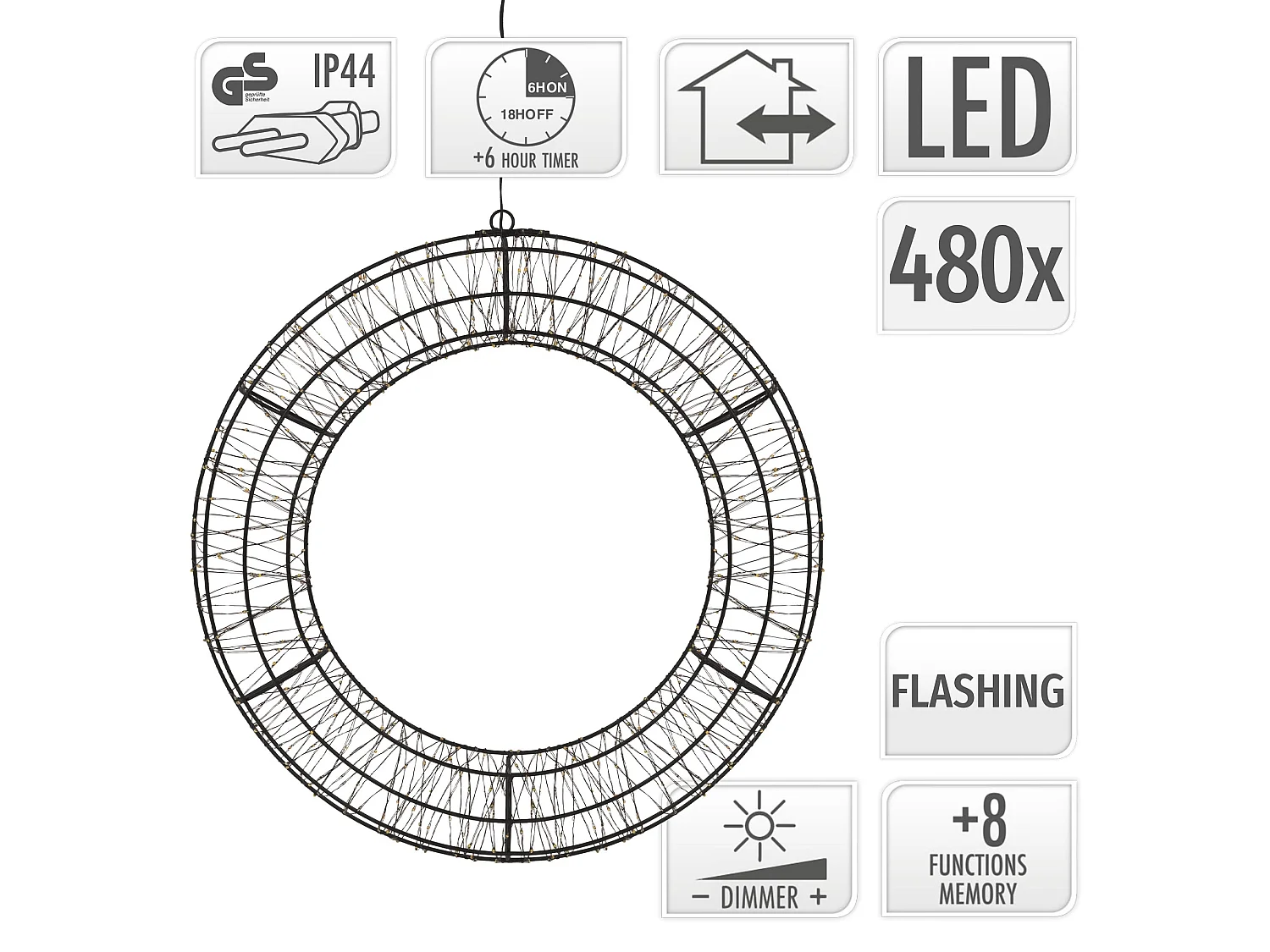Couronne lumineuse de Noël LED Ø 38 cm décoration suspendue, anneau lumineux en métal, 480 LED blanc chaud, minuterie, íntérieur et extérieur, IP44