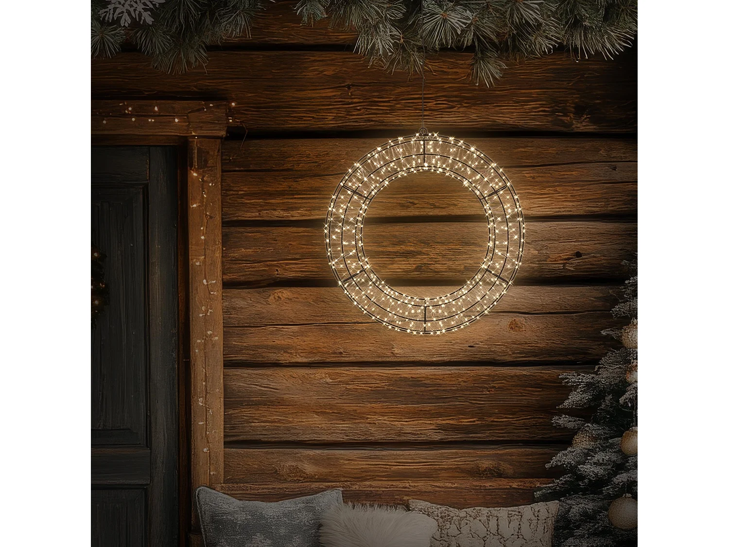 Couronne lumineuse de Noël LED Ø 38 cm décoration suspendue, anneau lumineux en métal, 480 LED blanc chaud, minuterie, íntérieur et extérieur, IP44
