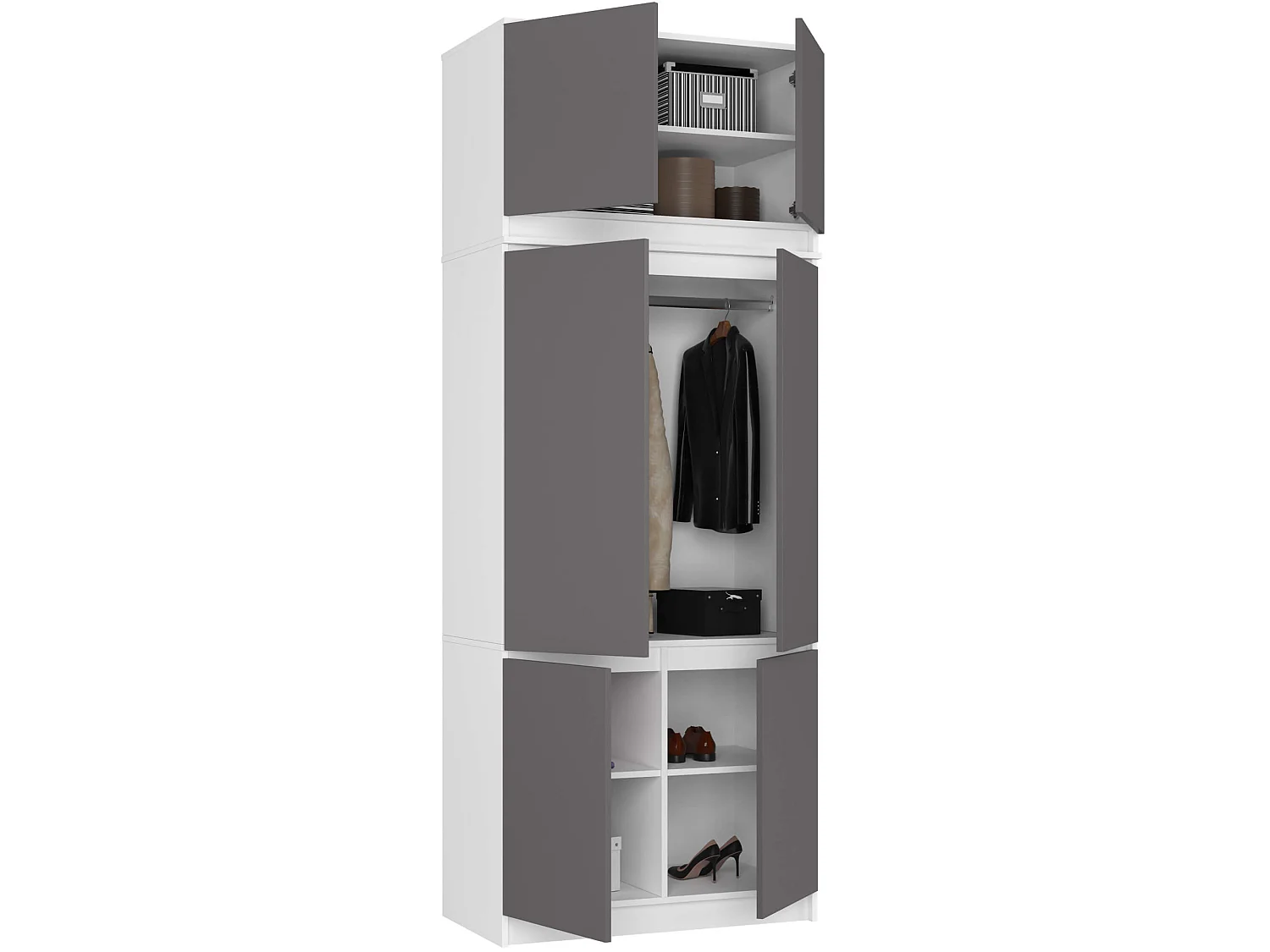 Kledingkast S90 met Opzetkast / Wit / Front Grafietgrijs / 90 cm / 6 Deuren / 90 x 51 x 235 cm