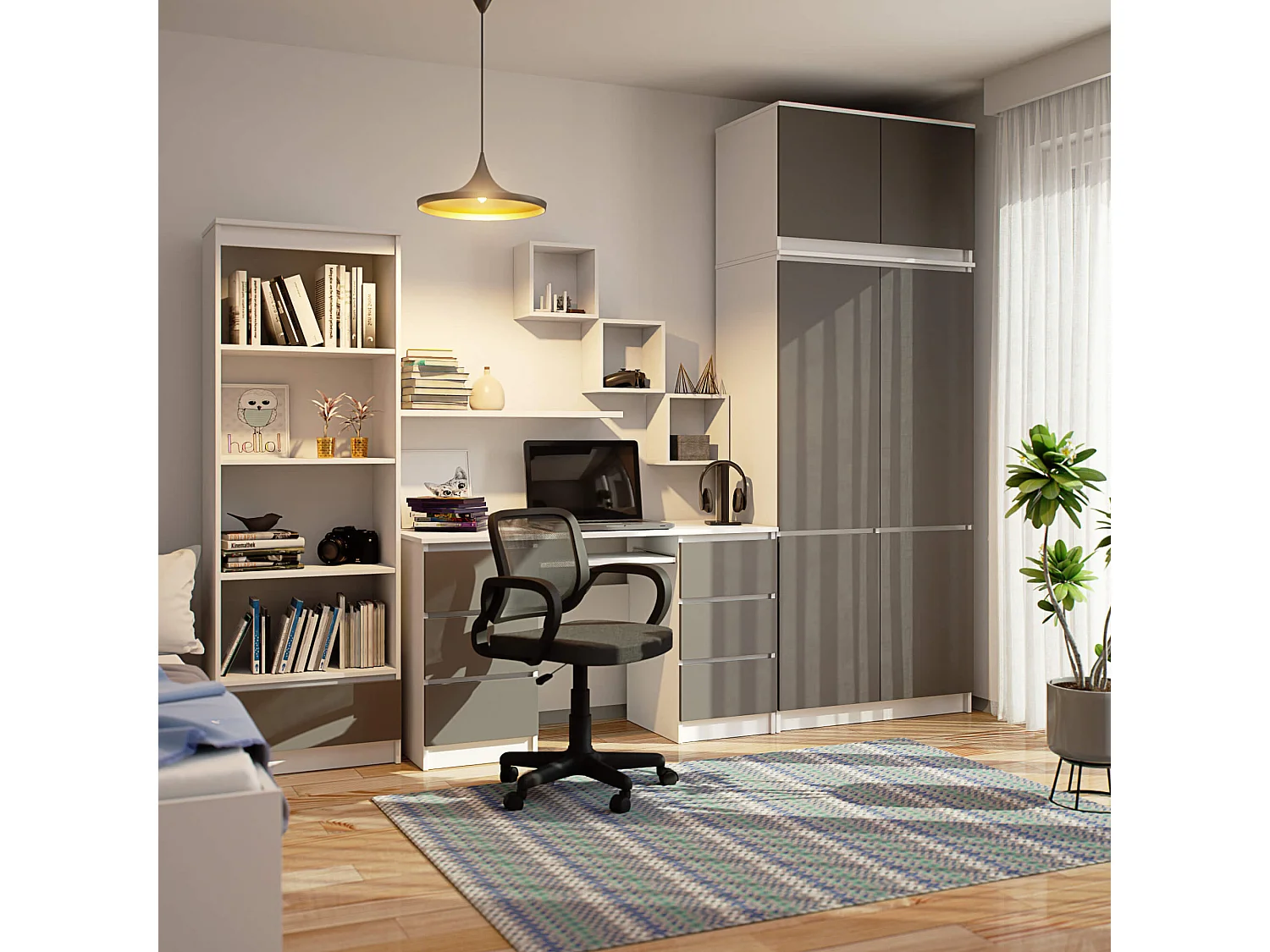 Kledingkast S90 met Opzetkast / Wit / Front Grafietgrijs / 90 cm / 6 Deuren / 90 x 51 x 235 cm