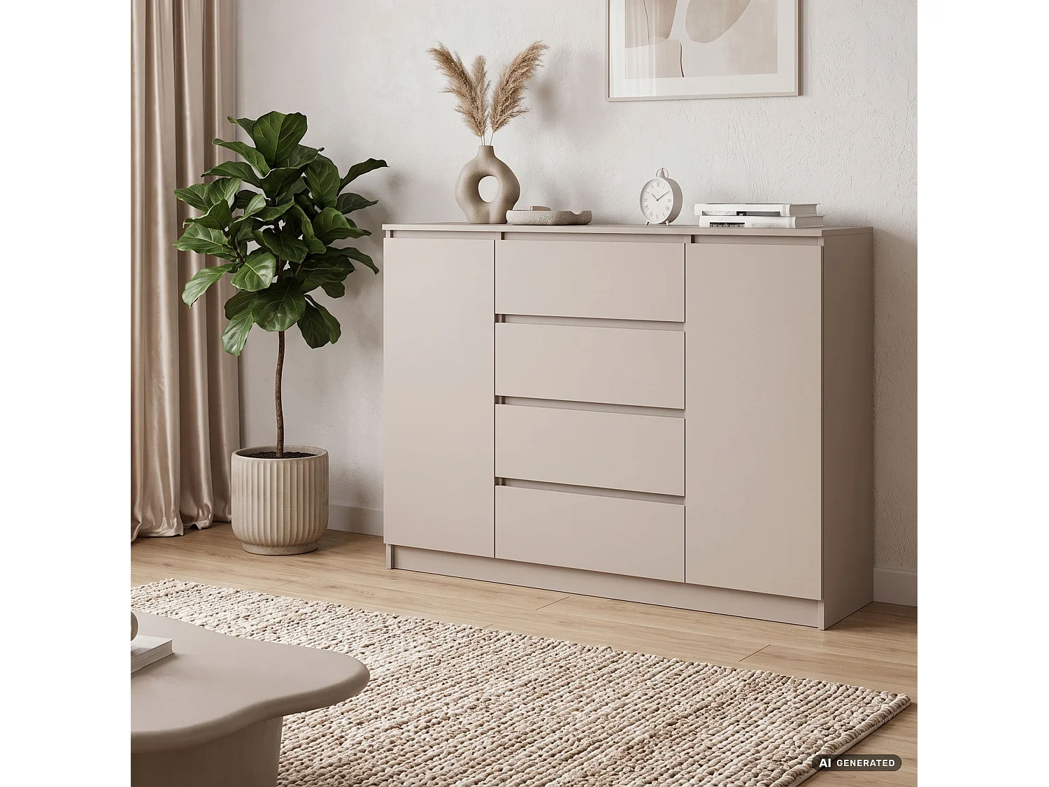 Commode K140 Cachemire 138 cm 2 portes 4 tiroirs 4 étagères 138x40x99 cm