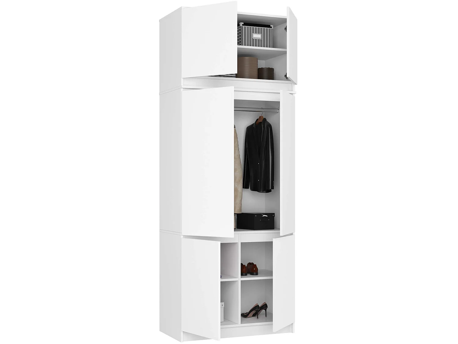 Kledingkast S90 met Opzetkast / Wit / 90 cm / 6 Deuren / 90 x 51 x 235 cm
