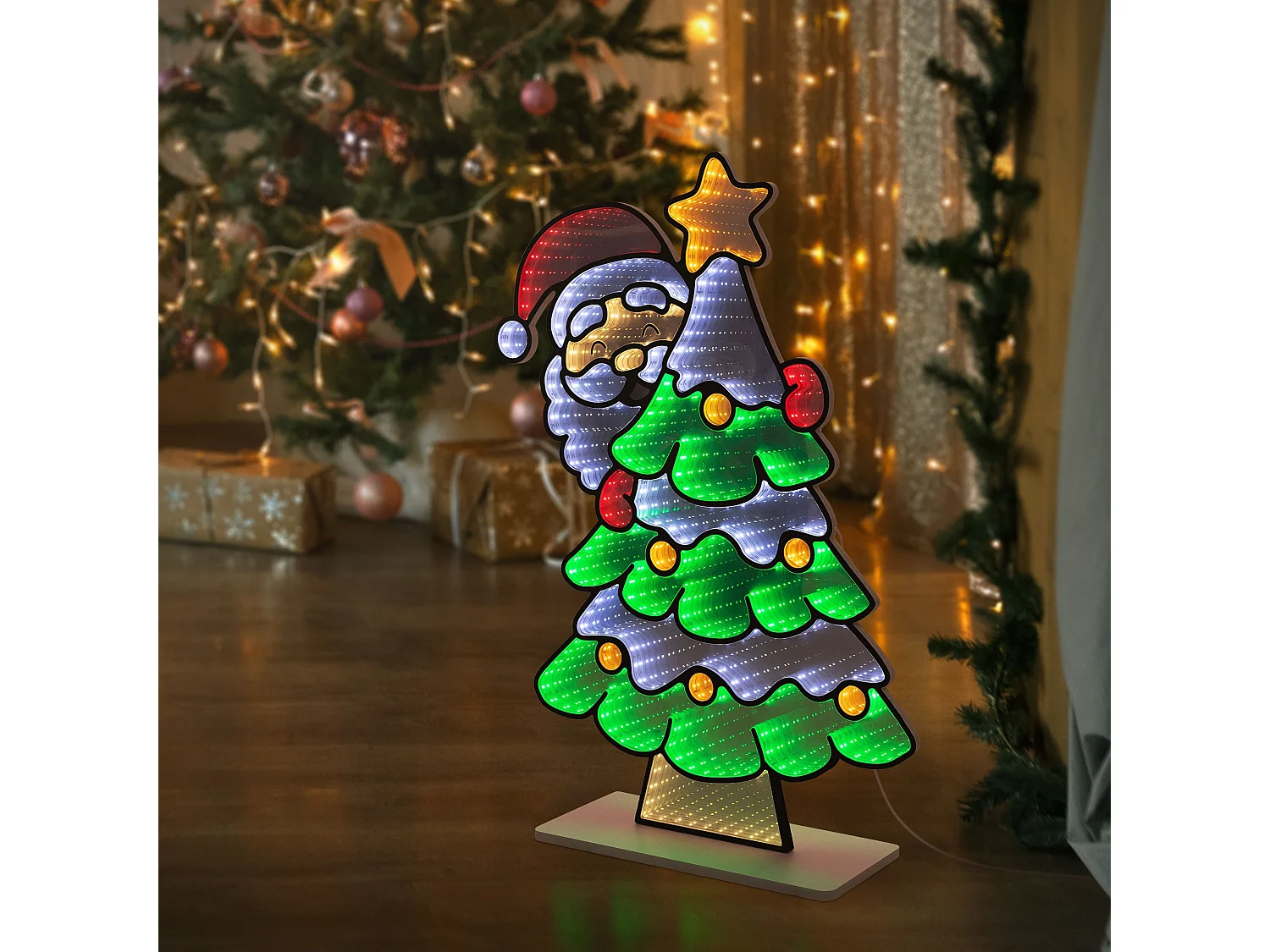 ECD Germany Decoración Navideña, árbol de navidad LED con efecto de espejo infinito 3D adorno para interiores iluminado por ambos lados y temporizador