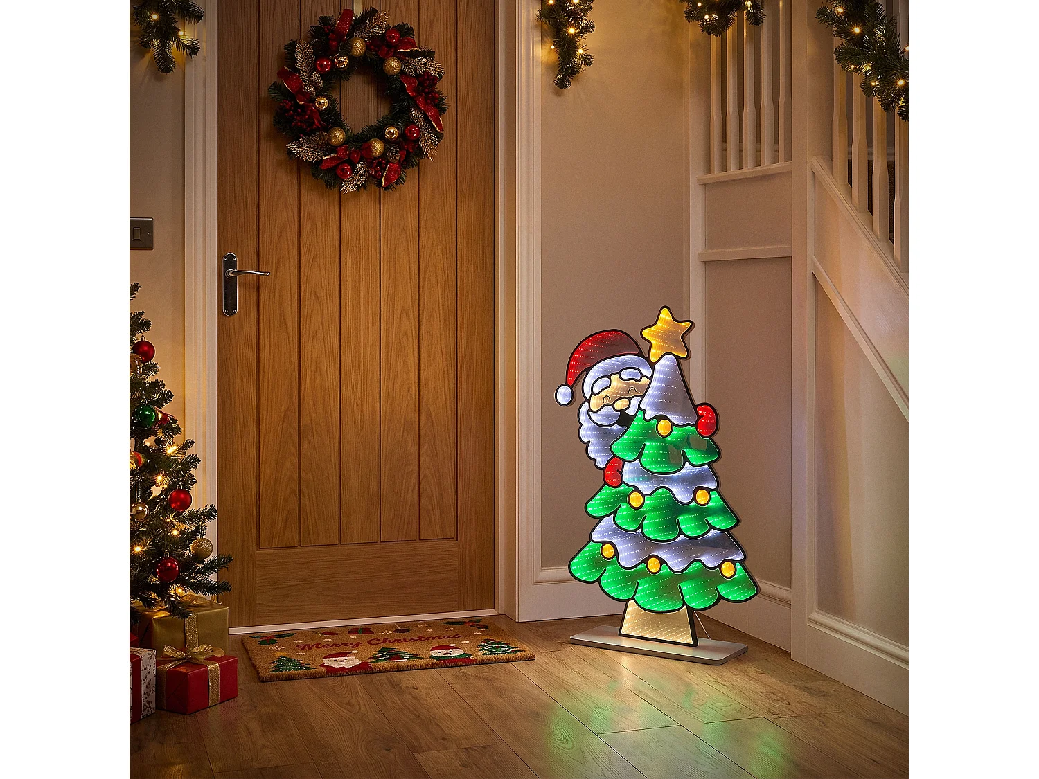 ECD Germany Decoración Navideña, árbol de navidad LED con efecto de espejo infinito 3D adorno para interiores iluminado por ambos lados y temporizador