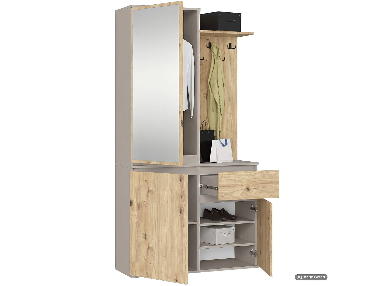 Mueble de recibidor ENTRO 95 cm con espejo perchero y zapatero Cachemira y Roble Artisan