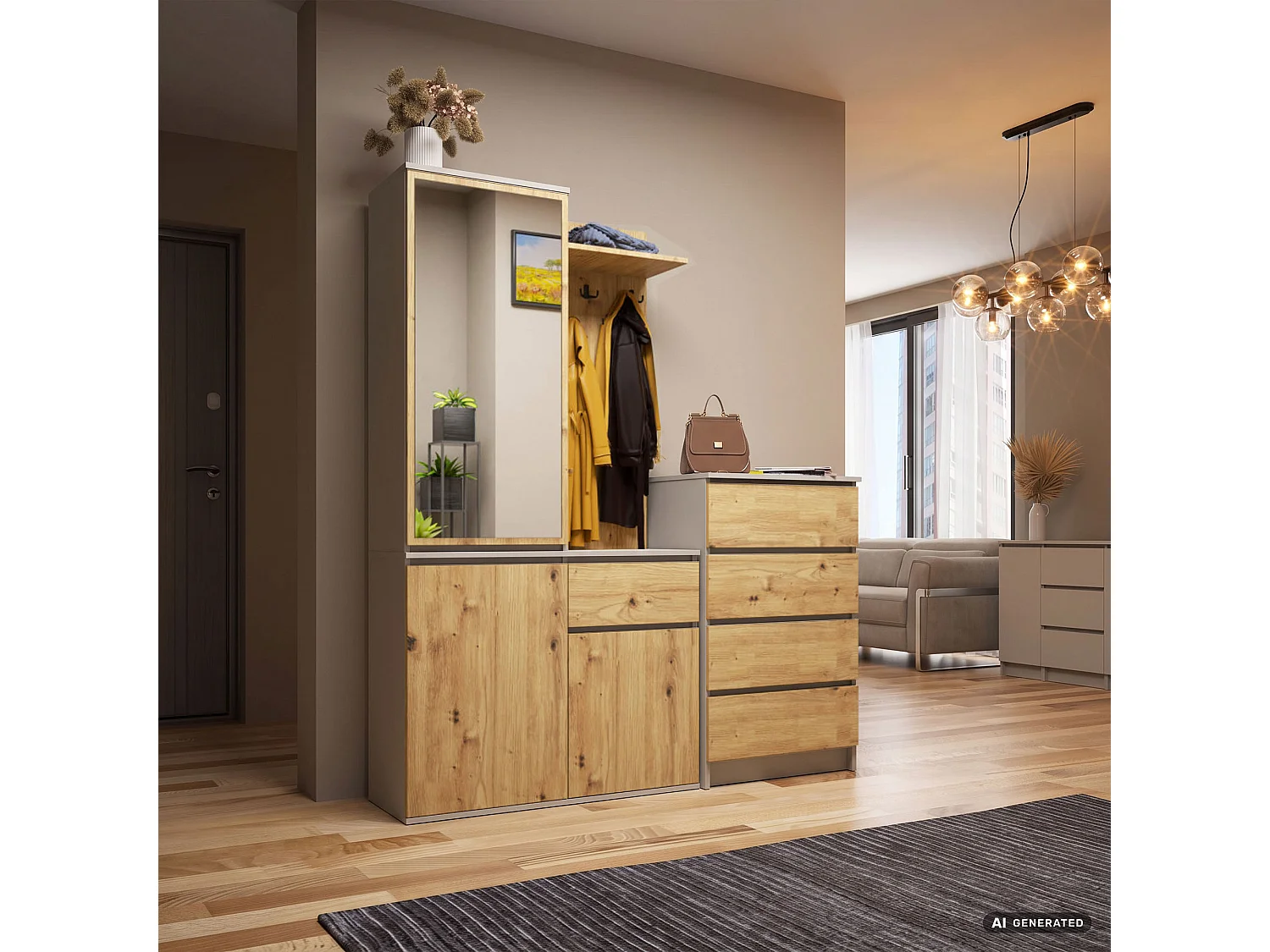 Mueble de recibidor ENTRO 95 cm con espejo perchero y zapatero Cachemira y Roble Artisan