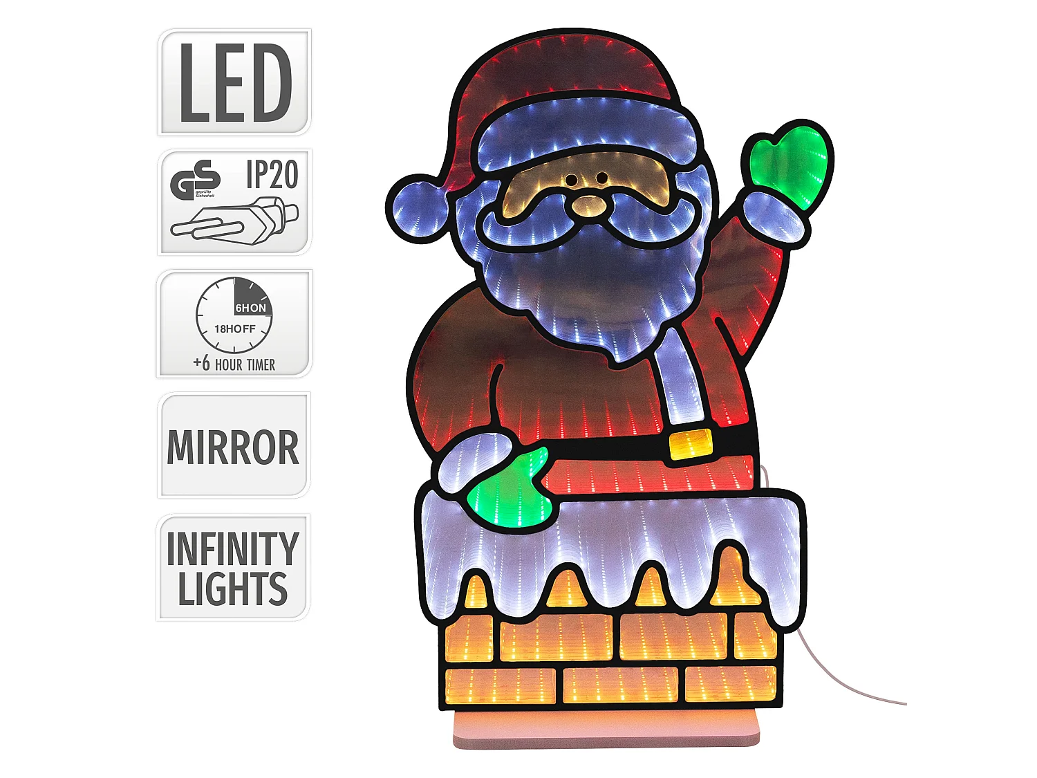 ECD Germany Decoración de Navidad, papá Noel LED efecto espejo infinito adorno navideño para interiores, lámpara iluminada por ambos lados 38x60 cm